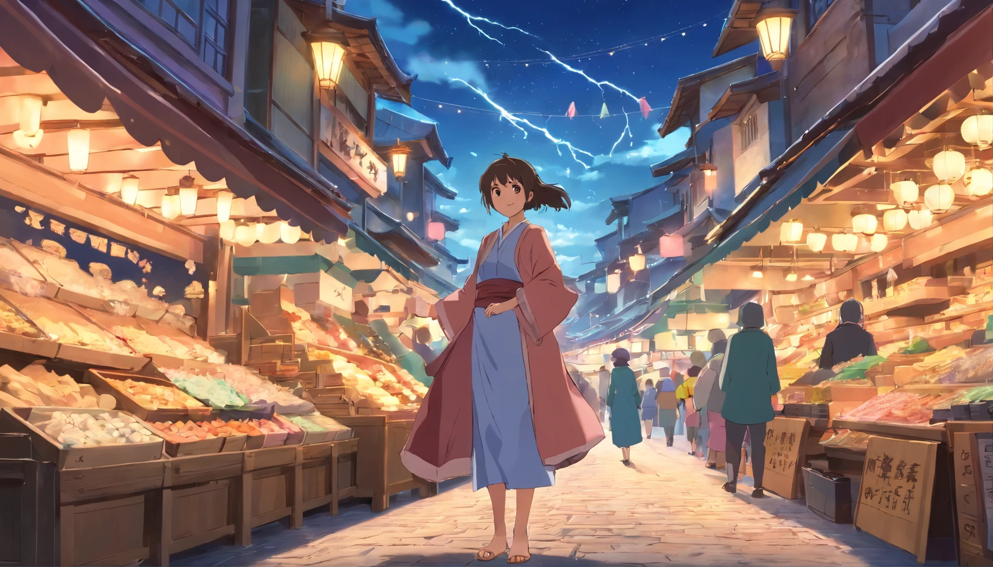 Cute female merchant selling magical items in a busy market,fantasy world,wearing a robe,Many products on display,masterpiece,Softline,midnight,A lot of lightning ,A castle floating over there,Many people々,dynamic angle,A port town on a slope facing the sea