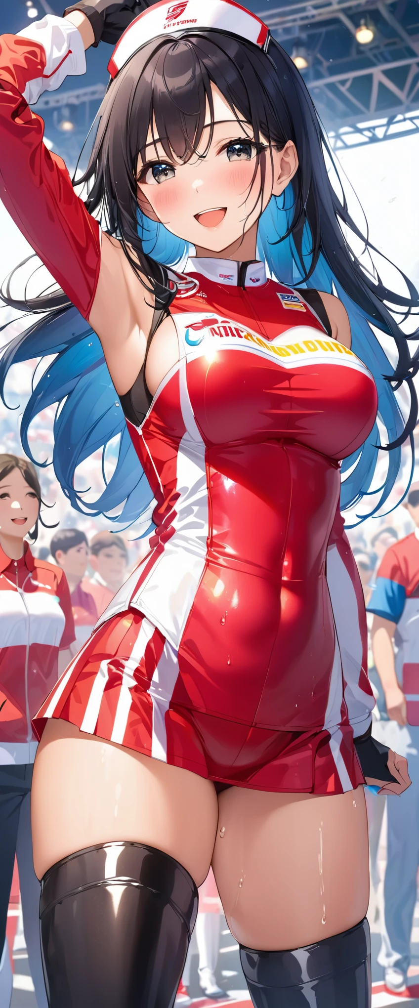 1 female,black hair,25 years old,(((Shiny race queen uniform with exposed belly button)))(((blush、open mouth smile)),(((straight hair))),(((portrait))),crowd,,(wet with sweat)(leather thigh high boots)(((beautiful breasts)))