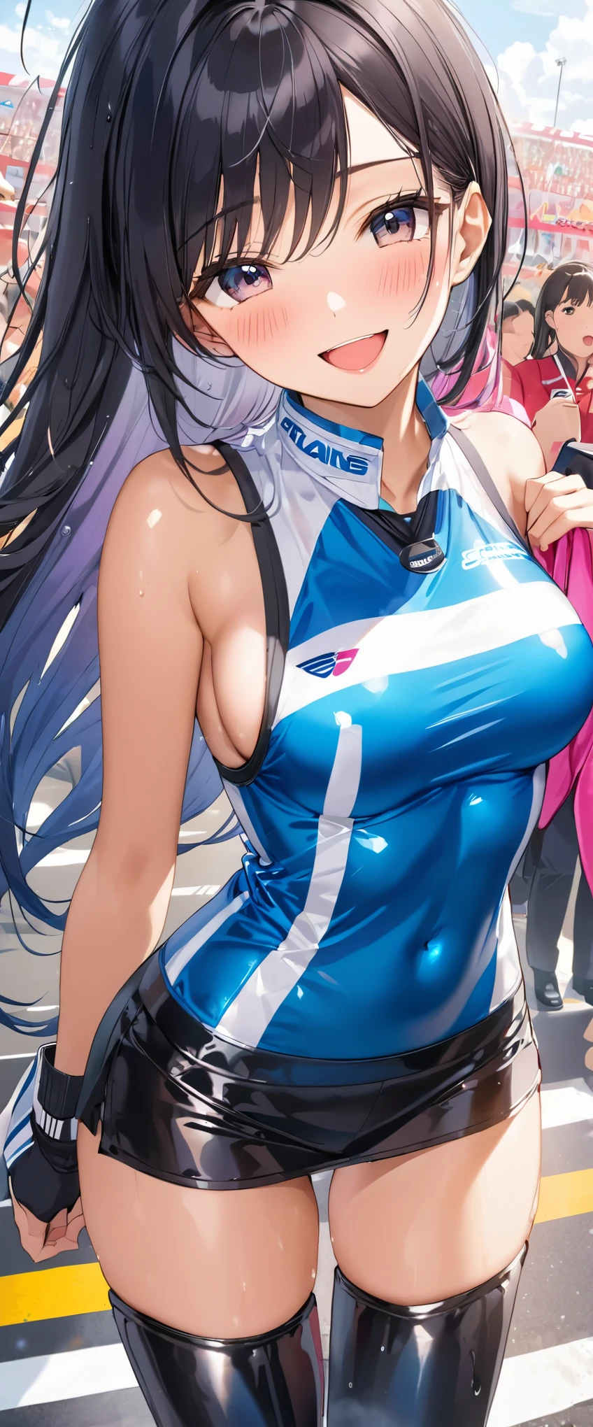 1 female,black hair,25 years old,(((Shiny race queen uniform with exposed belly button)))(((blush、open mouth smile)),(((straight hair))),(((portrait))),crowd,,(wet with sweat)(leather thigh high boots)(((beautiful breasts)))