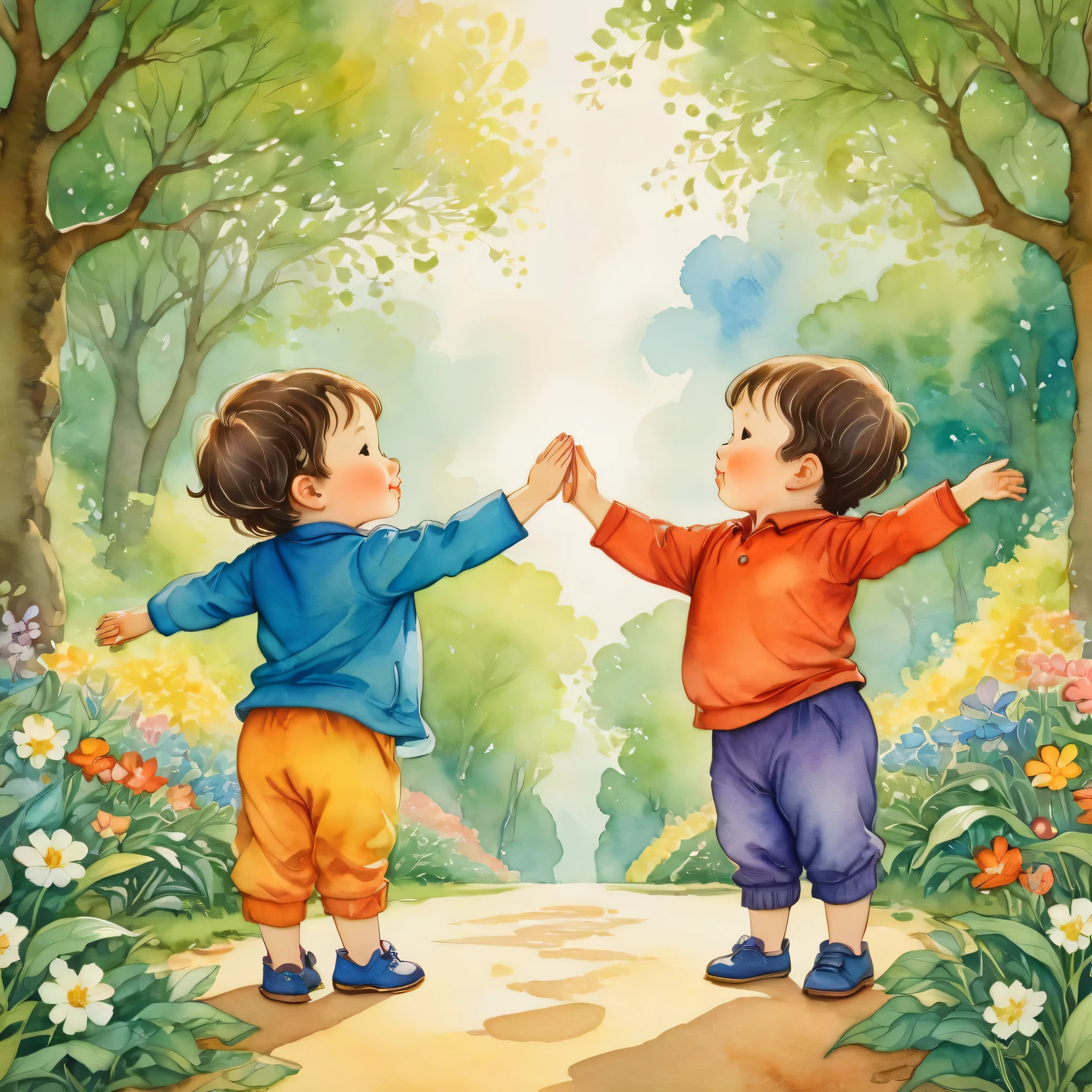 Illustration of gentle touch:Twin toddlers stretching facing each other,symmetry,Optimal configuration,perfect composition,cute,pop,draw with thick lines,watercolor paintingの要素,fantasy,randolph caldecott style,enlightenment,watercolor painting,3 years old, Clothes,park background,be familiar with,adorable,small,raise both hands:Banzai,be familiar with,adorable,small,複雑なbe familiar with,rich colors,Cast colorful spells,rendering,Happy,fun,happiness,spring,beautiful light and shadow,delicately,spring