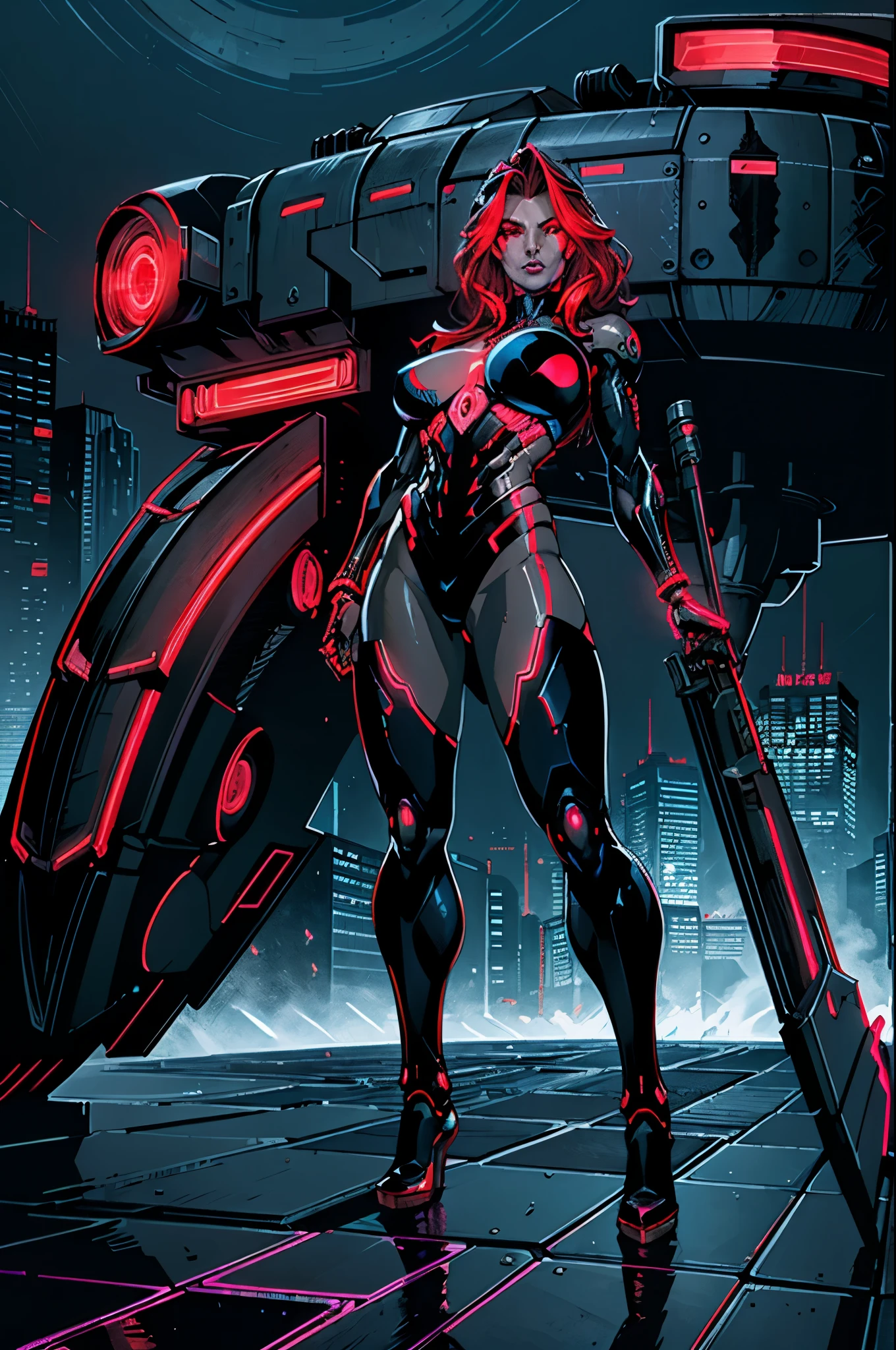 (best quality,ultra-detailed,realistic:1.37),woman cyborg,red eyes,evil,anime,huge ,sleek metallic body,expressionless face,glowing circuits,enormous energy blade,mechanical limbs,dystopian city backdrop,neon lights reflection,dark and ominous atmosphere