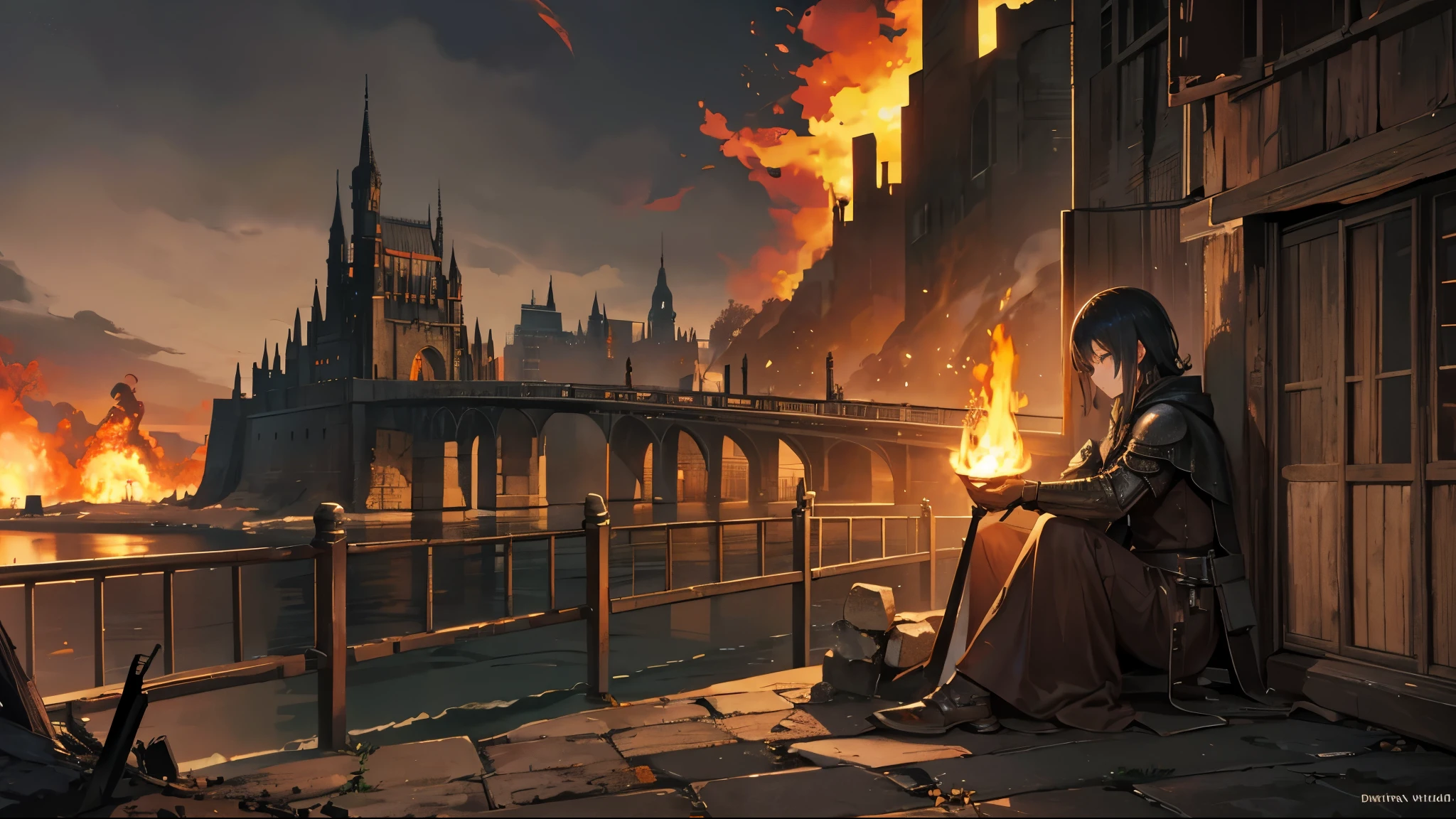 dark soul、end of war、sitting knight、wasteland、bridge、castle town、night、bonfire