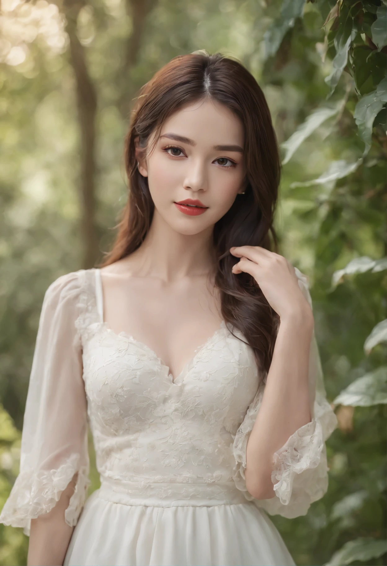 ((best quality, 8K, masterpiece: 1.3)), beautiful girl, pure, melon face, kind and cute, sweet smile, pure desire, slender body, (front), (tilted head), ((looking at camera) ), wearing a white dress, long black silky hair, long flowing shoulders, round black big eyes, clear big eyes, moist red lips, sweet, standing, garden background, ((( (whole body)))), dramatic lighting, backlight