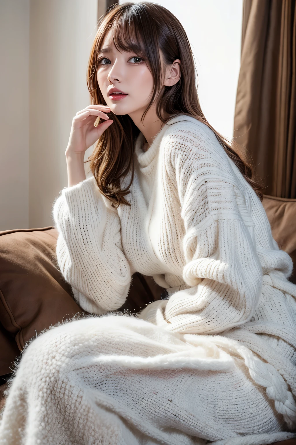 best quality, 32k, RAW photo, incredibly absurdres, extremely detailed, beautiful woman, wearing fluffy long-pile knit long dress