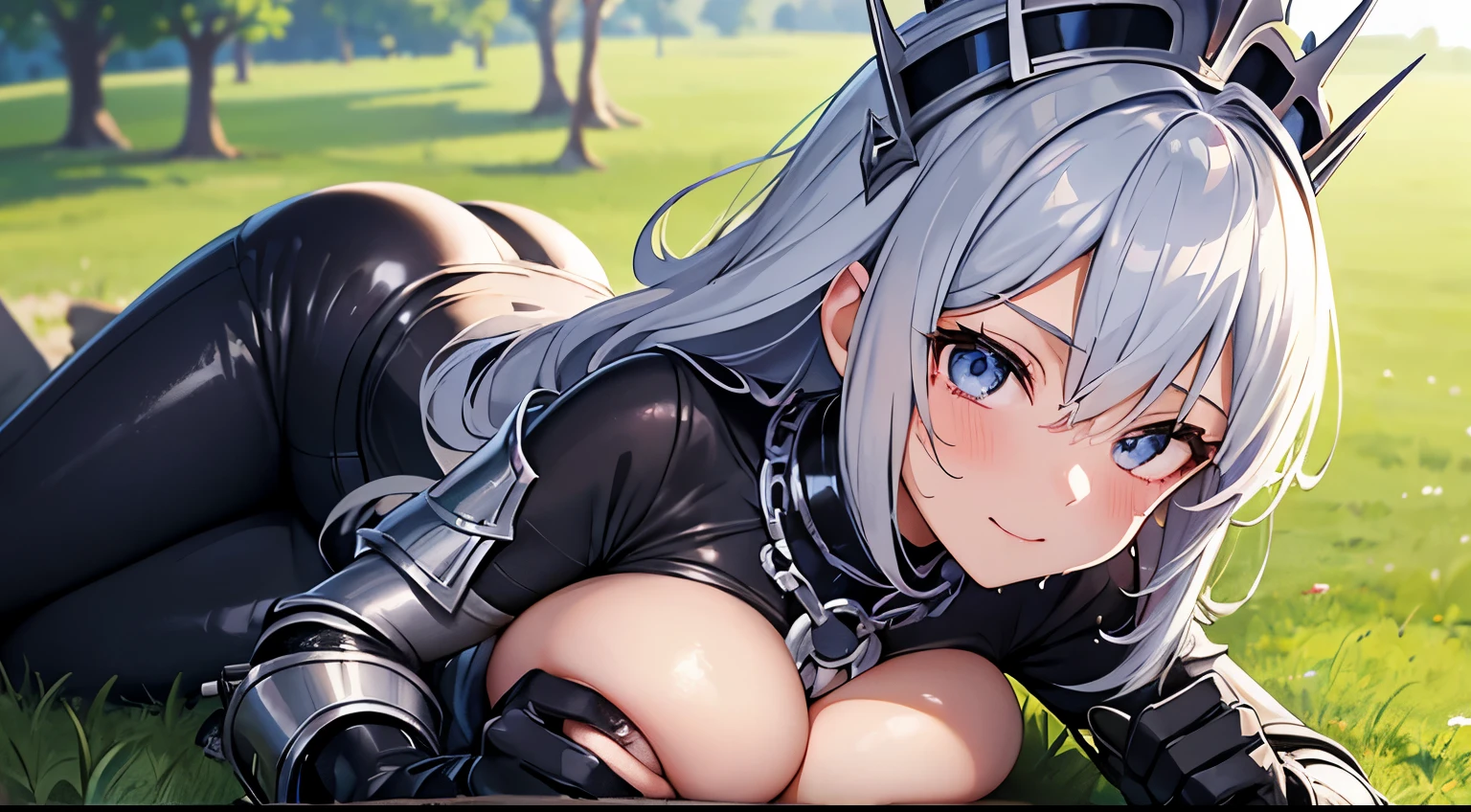 anime girl, silver hair knight girl, small girl, silver metal armor knight, with metal hat, face on camera, tight shirt, show large chest, dark isekai, shy girl, pitiful face, face forward to camera, asking pose, pink cheeks, half body, body on iron chain, smile, blue sparkling eyes, show cleavage very big breast, zoom very big breast, face and breast in front, ensure she wear long pants, wet breast, watery breast, lay on grass, zoom front breast and face only, no nails, remove the nail, do not show the nails, girl tighten on iron chains like a slave, head pop up front, lot of iron chains, anime girl leans forward, lying grass