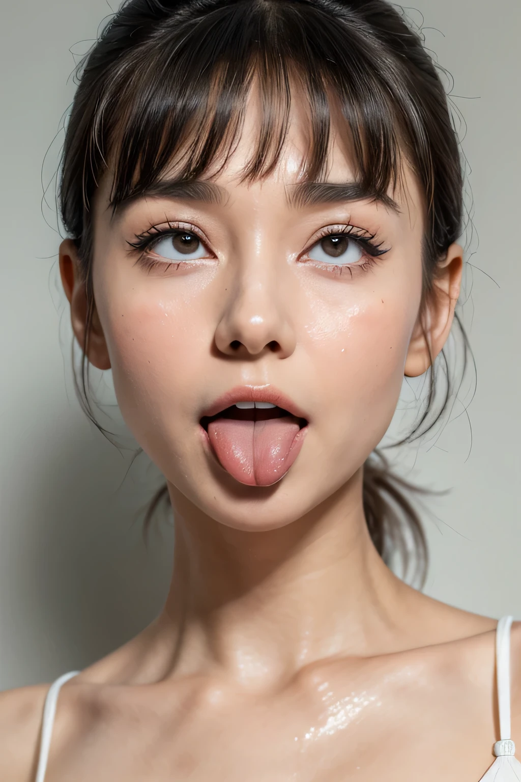 Audrey Hepburn、1 girl,debris flies,,Award-winning photo, very detailed, focus the eyes clearly, nose and mouth,face focus, super close up of face、woman with open mouth and closed eyes,20-year-old,black hair、symmetrical face,realistic nostrils、angle from below、elongated C-shaped nostrils,,,,,,,,,,,NSFW,sweaty and shiny skin、汗でglowing skinを強調する照明、((sharp nose))汗でglowing skin、shiny skin、sweaty hair、sun'Rays shine、(wrinkles between eyebrows))(cum on tongue)、deep kiss、((thin eyebrows))oily skin、glowing skin、double eyelid、wet and shiny tongue、Beautiful face woman with wet tongue full of foam、Beautiful woman、(short bob、mushroom cut,dull bangs),roll your eyes、shortcut、Harajuku street、blouse,upper body only,think back,