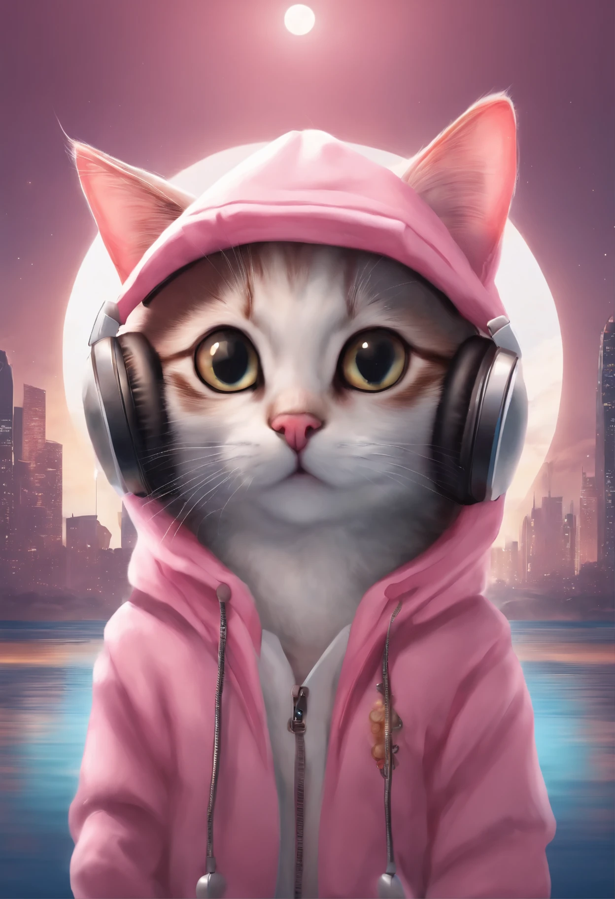 perfect centering, Full body cute kitten, Please wear a pink hoodie, , wear headphones, Standing position, abstract beauty, in the center, looking at camera, towards the camera, approaching perfection, dynamic, moonlight, very detailed, digital painting, artステーション, コンセプトart, Smooth, sharp focus, 8k, high resolution resolution, figure, art：Carne Griffith and Vadim Kashin, white background