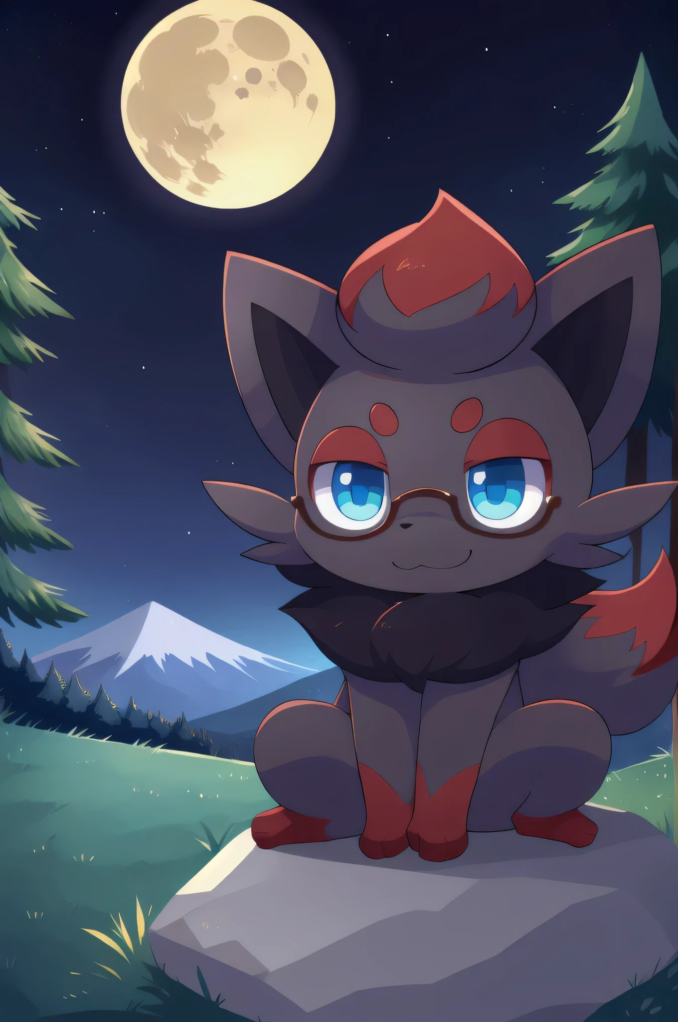 Zorua, blue eyes,nerd_rectangle_black_glasses red hair, masterpiece, high quality, anime style, full body, :3, mountain,grass, nighttime, full moon,pine trees, stars,clear sky, sit on rock,smiling