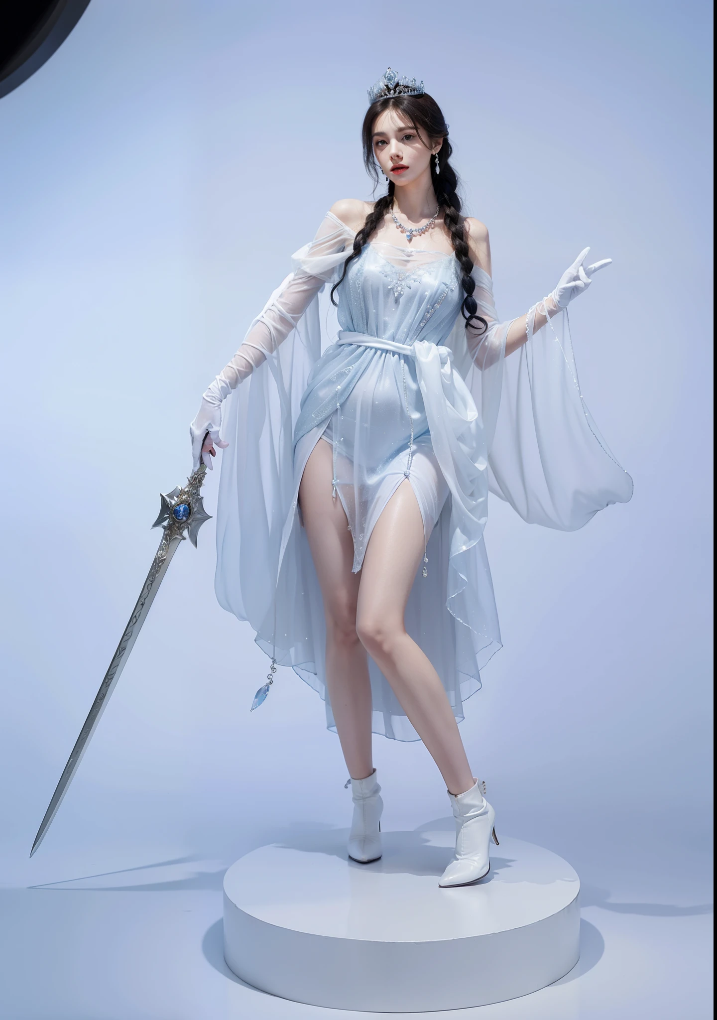 Royal sister，exquisite eyes，Frozen queen，put the crown on your head，Detailed facial expressions body，tall figure，Gorgeous，Leg length，4k，HD，Sensual，translucent lace，白皙plump figure，pretty face，Little cherry mouth，beautiful and delicious（3D royal sister），plump figure，gloss gel coat，Queen in luxurious dress，Crystal Gem Crown，Necklace jewelry，white high heel boots，Holding a long sword in hand，Wear white gloves(Fingers are normal)