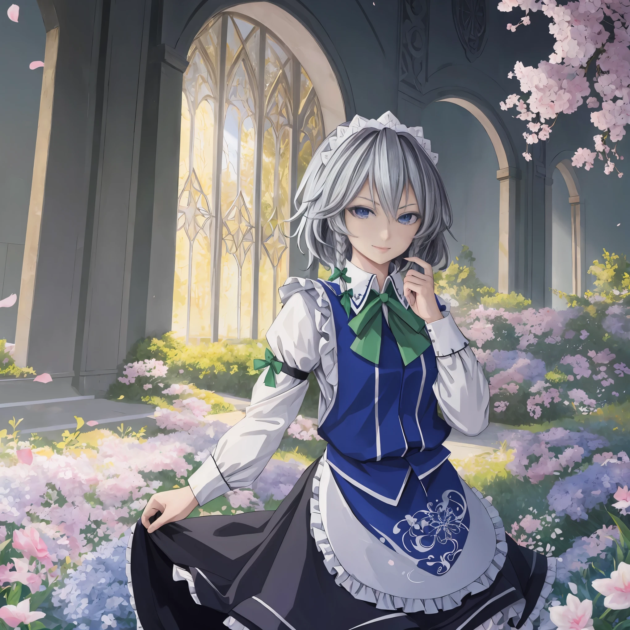 masterpiece:1.2, best quality, ((ultra detailed)), high resolution, 2d, anime style , photo, photography, detailed background, solo, {izayoi_sakuya_touhou}, braid, twin_braids, maid_headdress, short_hair, maid, bow, grey_hair, hair_bow, bangs, blue_eyes, ribbon, hair_between_eyes,apron, cowboy shot,green_bow,BREAK light smile,walking,