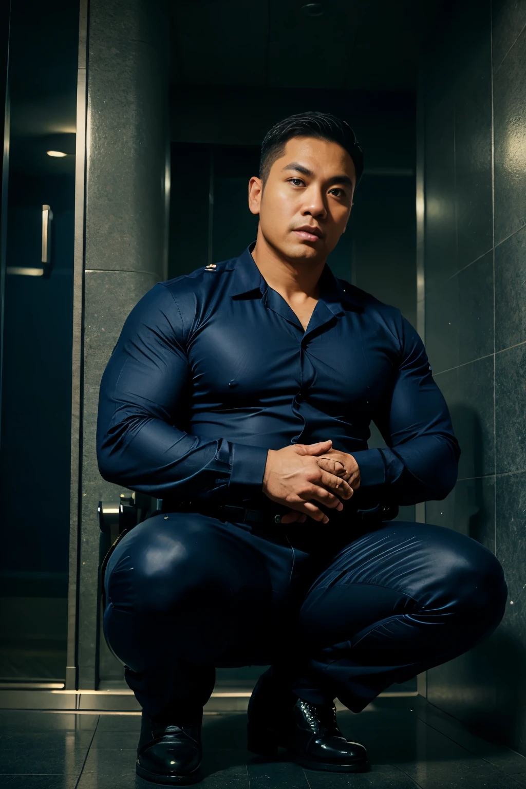 40-year-old boy ,Korean bulky male officer ,Wear navy blue police uniform shirt and police boots................ dark blue smooth tight trouser, pants split open with seams open, obvious underwear print ,((unrealistic super big tight butt wearing pants)), turn back to look at the camera, squatting on the ground, big thights, (Embossed Focus:1.2),On your knees........................., empty toilet cubicle at night, Best qualtiy , Wide lens from far ,deep depth of field ,Bokeh background
