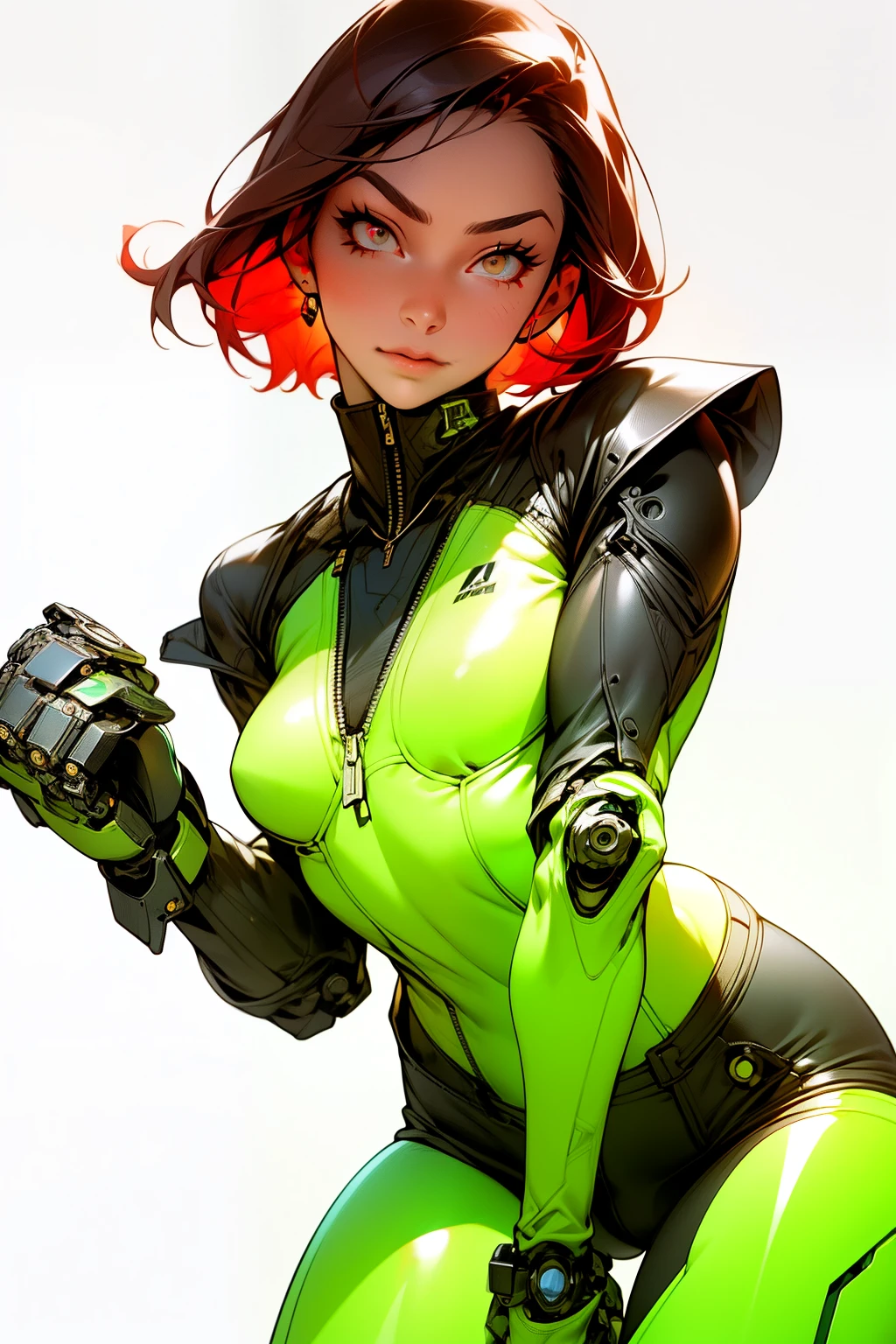 high quality, 4k, masterpiece, beautiful, cyborg girl, cowboy shot, looking at viewer, short red hair, girl, medium breasts, slim thighs, robotic arms, robotic body, cyborg body, intricate detail, joint, perfect fingers, detailed lines, robotic detail, holding fist up, holding hand up as fist, color robotic parts, robotic parts with color, glowing eyes, glowing parts, jacket, jacket over robot parts, short jacket, half jacket