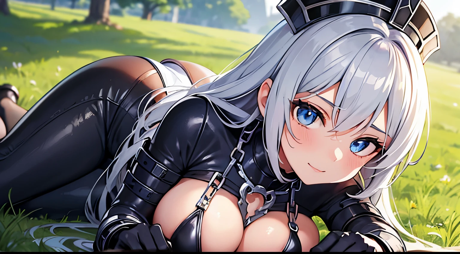 anime girl, silver hair knight girl, small girl, silver metal armor knight, with metal hat, face on camera, tight shirt, show large chest, dark isekai, shy girl, pitiful face, face forward to camera, asking pose, pink cheeks, half body, body on iron chain, smile, blue sparkling eyes, show cleavage very big breast, zoom very big breast, face and breast in front, ensure she wear long pants, wet breast, watery breast, lay on grass, zoom front breast and face only, no nails, remove the nail, do not show the nails, girl tighten on iron chains like a slave, head pop up front, lot of iron chains, anime girl leans forward, lying grass