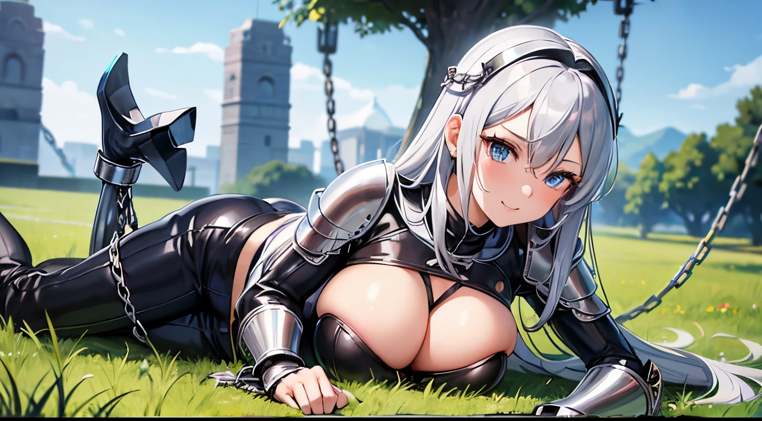 anime girl, silver hair knight girl, small girl, silver metal armor knight, with metal hat, face on camera, tight shirt, show large chest, dark isekai, shy girl, pitiful face, face forward to camera, asking pose, pink cheeks, half body, body on iron chain, smile, blue sparkling eyes, show cleavage very big breast, zoom very big breast, face and breast in front, ensure she wear long pants, wet breast, watery breast, lay on grass, zoom front breast and face only, no nails, remove the nail, do not show the nails, girl tighten on iron chains like a slave, head pop up front, lot of iron chains, anime girl leans forward, lying grass