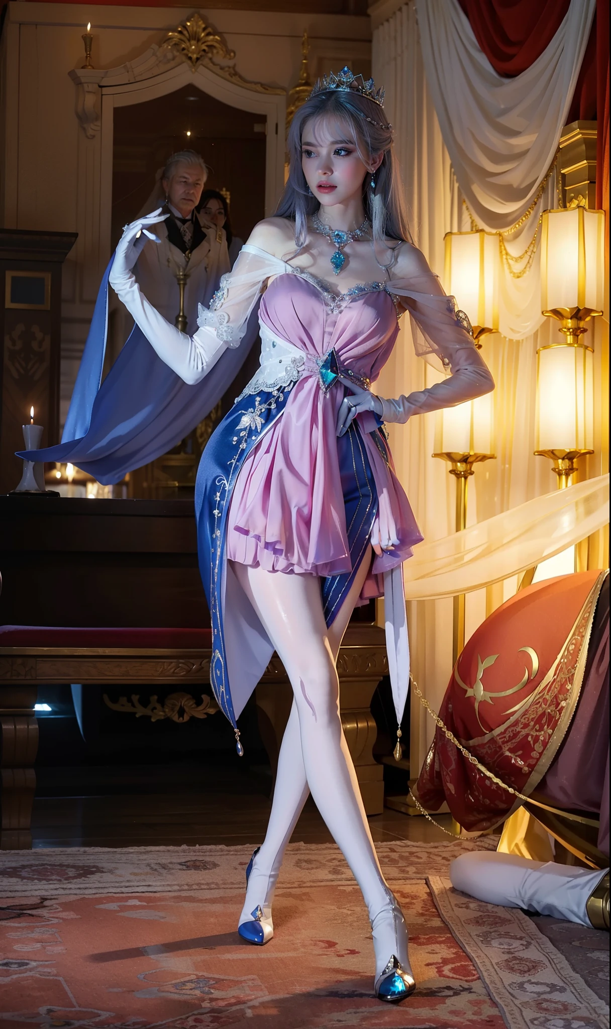 Royal sister,exquisite eyes,Frozen queen,put the crown on your head,Detailed facial expressions body,tall figure,Gorgeous,Leg length,4k,HD,Sensual,translucent lace,白皙plump figure,pretty face,Little cherry mouth,beautiful and delicious(3D royal sister),plump figure,gloss gel coat,Queen in luxurious dress,Crystal Gem Crown,Necklace jewelry,silver high heel boots,Wear white gloves(Fingers are neat and normal),five fingers