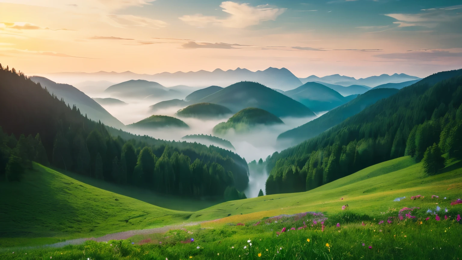 Create a serene and tranquil scene that radiates spiritual harmony and inner peace. The composition should have a simplistic, minimalist quality that instills a sense of calming clarity.
Incorporate elements from nature like a misty forest landscape, a reflecting lake or pond, a meadow filled with wildflowers, or a breathtaking view of mountains and the cosmos. Render these with soft, soothing colors and an ethereal, dreamy lighting that has an almost otherworldly quality.
The overall tone should be one of quiet contemplation, as if capturing a profoundly meditative moment in nature's embrace. Avoid any harsh lines or bold contrasts that could appear jarring. Instead, focus on hazy, atmospheric effects that blur the boundaries between the earthly and celestial realms.
The image should evoke a deep sense of serenity, emotional respite and spiritual nourishment for the viewer. It should invite one to find solace, introspection and connection with the divine essence of the natural world. The scene should radiate an aura of sublime tranquility that quiets the mind and soothes the soul.