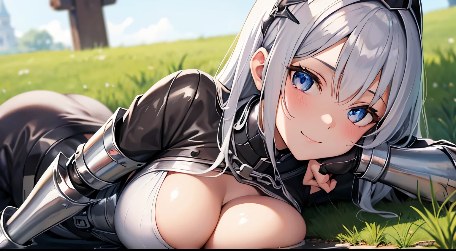 anime girl, silver hair knight girl, small girl, silver metal armor knight, with metal hat, face on camera, tight shirt, show large chest, dark isekai, shy girl, pitiful face, face forward to camera, asking pose, pink cheeks, half body, body on iron chain, smile, blue sparkling eyes, show cleavage very big breast, zoom very big breast, face and breast in front, ensure she wear long pants, wet breast, watery breast, lay on grass, zoom front breast and face only, no nails, remove the nail, do not show the nails, girl tighten on iron chains like a slave, head pop up front, lot of iron chains, anime girl leans forward, lying grass