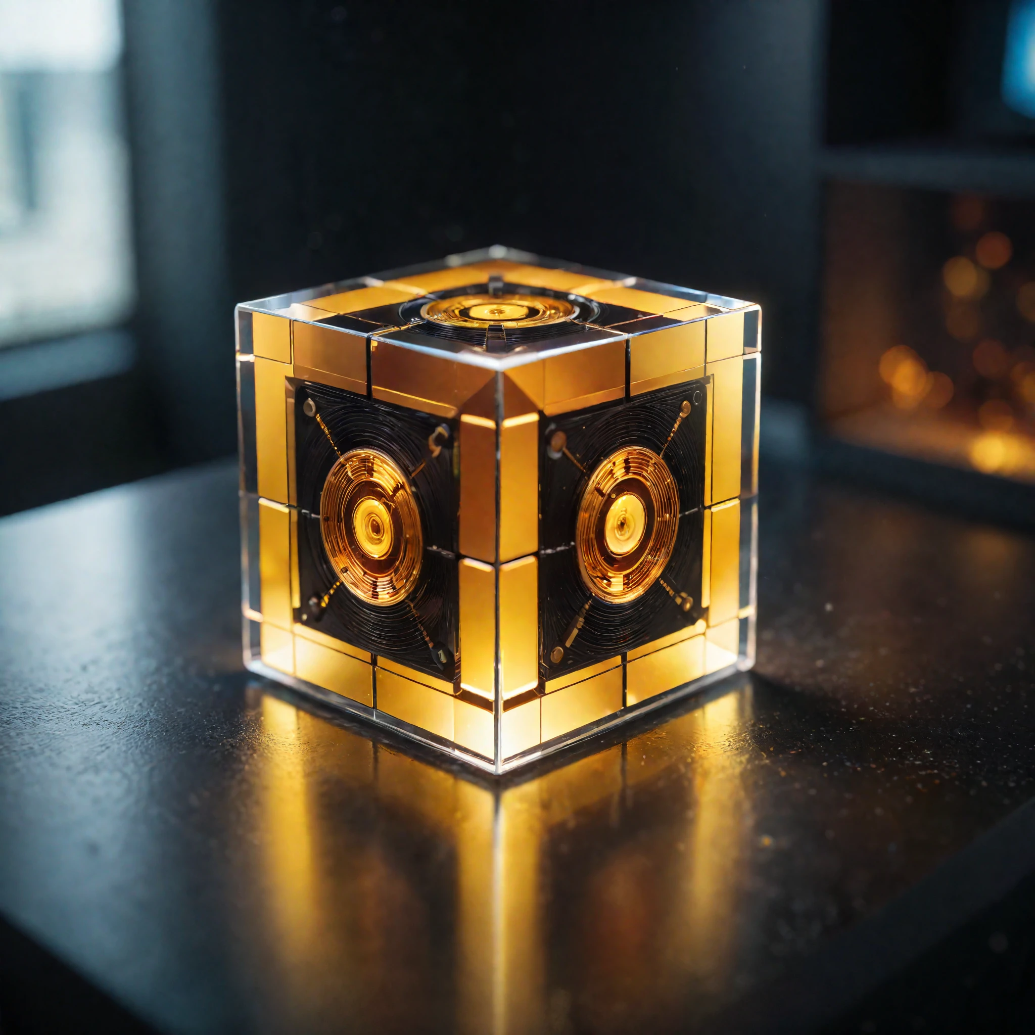 ((Masterpiece in maximum 16K resolution):1.6),((soft_color_photograpy:)1.5), ((Ultra-Detailed):1.4),((Movie-like still images and dynamic angles):1.3),| (Macro shot cinematic photo of symmettric cube), (in front of a clear mirror), (perfect symmetry), (macro lens), (perfect reflection), (shimmer), (visual experience) ,(Realism), (Realistic),award-winning graphics, dark shot, film grain, extremely detailed, Digital Art, rtx, Unreal Engine, scene concept anti glare effect, All captured with sharp focus.
