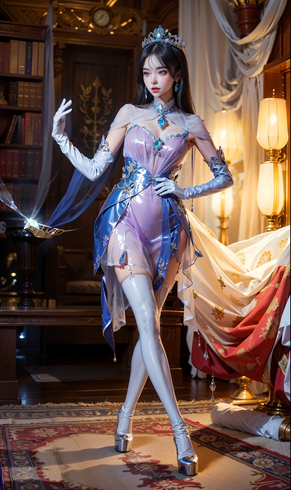 Royal sister，exquisite eyes，ice queen，put the crown on your head，Detailed facial expressions body，tall figure，Gorgeous，Leg length，4k，HD，Sensual，translucent lace，白皙plump figure，pretty face，Little cherry mouth，beautiful and delicious（3D royal sister），plump figure，gloss gel coat，Queen in luxurious dress，crystal gem decoration，Angel of light in armor，Wear white gloves(neat fingers)，Diamond silver high heel boots，white stockings