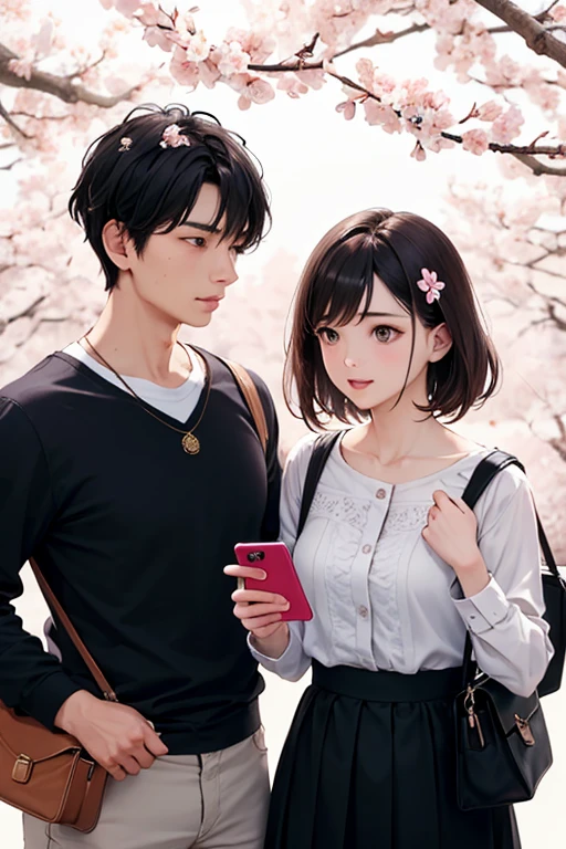 ((best quality)), ((masterpiece)), (detailed), Perfect faces for two people，One is holding a bag，One holding a cell phone，Background campus，A cherry blossom tree，Details added