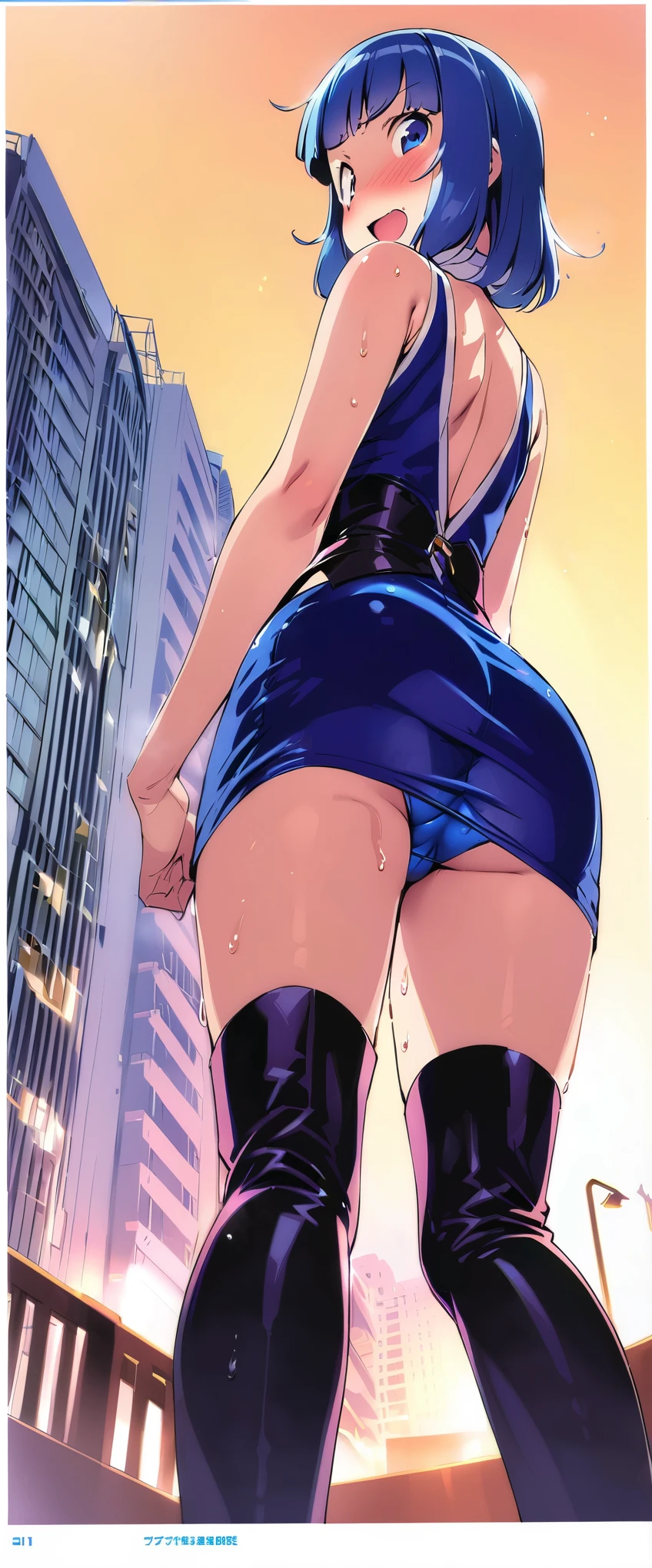 woman,20-year-old,,city,,(((white and blue tight miniskirt dress))),,open mouth smile((leather thigh high boots))(See-through),blush、surprised face,,((turn around and look back))(wet with sweat)Reflecting the buttocks,T-back