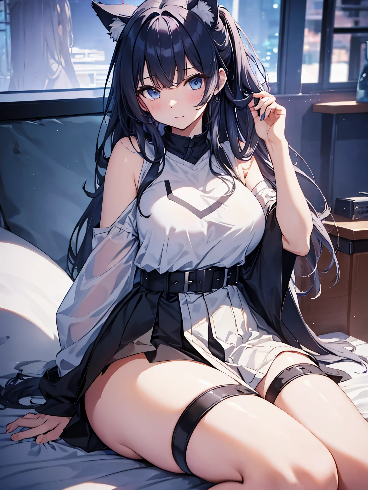 ((masterpiece))、((highest quality))、((super resolution))、(very beautiful and detailed)、official art、Virtual YouTuber、8K、very CG、game CG、icon、wallpaper、sharp focus、Written in depth、Very simple background、Smooth anime CG art、azur lane style、girls front line style、cute girl anime visual、photo shoot:1.55、Less exposure of the body:1.3、close to the viewer:1.3、view audience、The straight line distance between her and the viewer is 40 cm.)、Light from above at an angle、soft light、one person:1.3、solo:1.3、tall、young woman、 Ideal body shape、perfect waist、big breasts、Bust 87、white skin、bright makeup、Wolf ears、high ponytail、dark blue hair、hair that shines in natural light、messy hair、Ahoge、long eyelashes、clear light blue eyes、shining eyes、glowing eyes、gray theme、simple white t-shirt、unbranded shirt、It was shiny、size doesn&#39;t fit、He wears an oversized T-shirt that extends from his shoulders to his waist.:2.0、skirt、belt、No bra、No panties、No underwear、barefoot、blush、sexual excitement、It&#39;s hard to breathe、spoiled 、shyness、wet、Stuffy、Sexy:1.3、Sexyポーズを決める、So cute、Ahe face、provocation、relaxed、sitting on a very large soft cushion