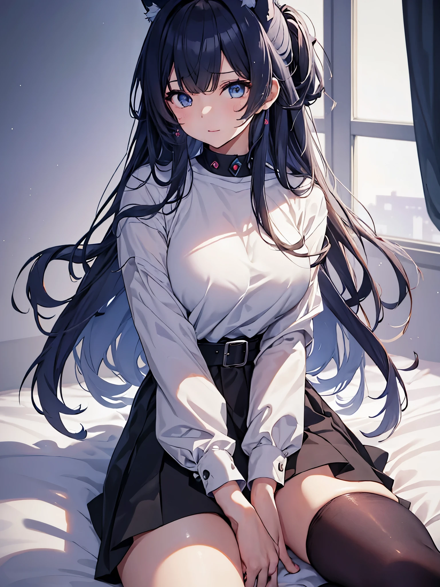 ((masterpiece))、((highest quality))、((super resolution))、(very beautiful and detailed)、official art、Virtual YouTuber、8K、very CG、game CG、icon、wallpaper、sharp focus、Written in depth、Very simple background、Smooth anime CG art、azur lane style、girls front line style、cute girl anime visual、photo shoot:1.55、Less exposure of the body:1.3、close to the viewer:1.3、view audience、The straight line distance between her and the viewer is 40 cm.)、Light from above at an angle、soft light、one person:1.3、solo:1.3、tall、young woman、 Ideal body shape、perfect waist、big breasts、Bust 87、white skin、bright makeup、Wolf ears、high ponytail、dark blue hair、hair that shines in natural light、messy hair、Ahoge、long eyelashes、clear light blue eyes、shining eyes、glowing eyes、gray theme、simple white t-shirt、unbranded shirt、It was shiny、size doesn&#39;t fit、He wears an oversized T-shirt that extends from his shoulders to his waist.:2.0、skirt、belt、No bra、No panties、No underwear、barefoot、blush、sexual excitement、It&#39;s hard to breathe、spoiled 、shyness、wet、Stuffy、Sexy:1.3、Sexyポーズを決める、So cute、Ahe face、provocation、relaxed、sitting on a very large soft cushion