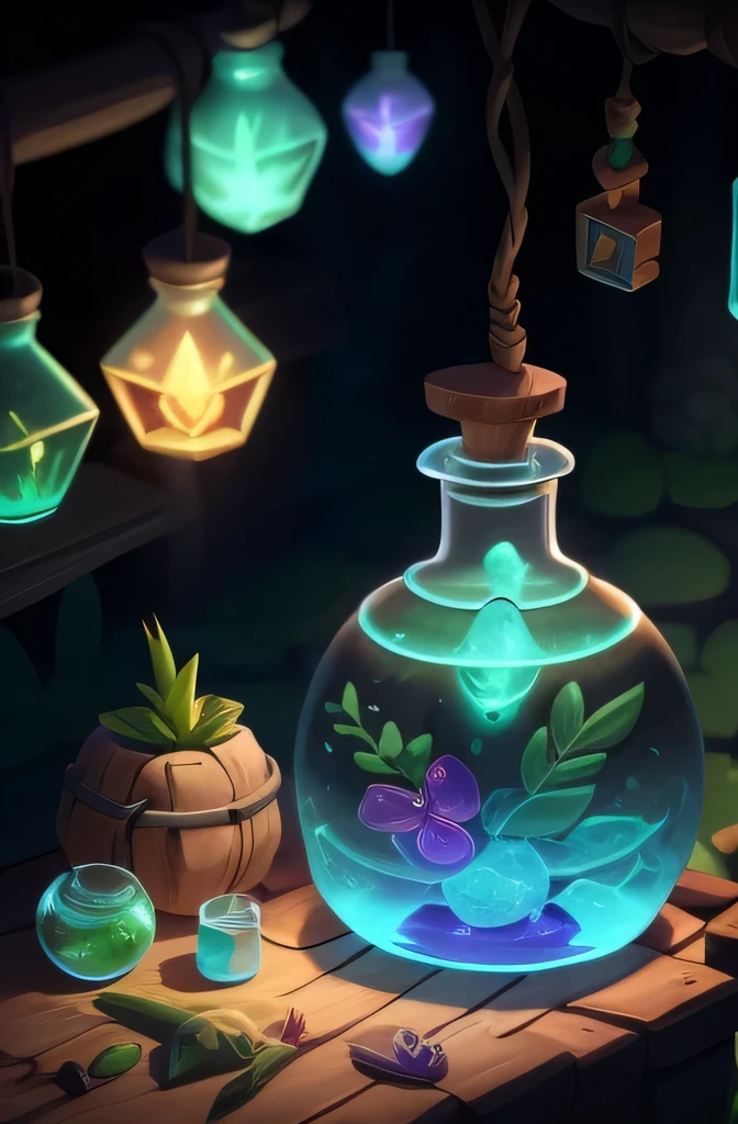 brewing lotion in witch hut, lotion of healing, stylized shadow, lotion, Stylized cell shading, lotion belt, lotion, health lotion, Fantastic terrarium graphics, glowing jar, cel shading, making a lotion, Alchemist&#39;vial pain，Many small bottles hanging，Dreamy and magical