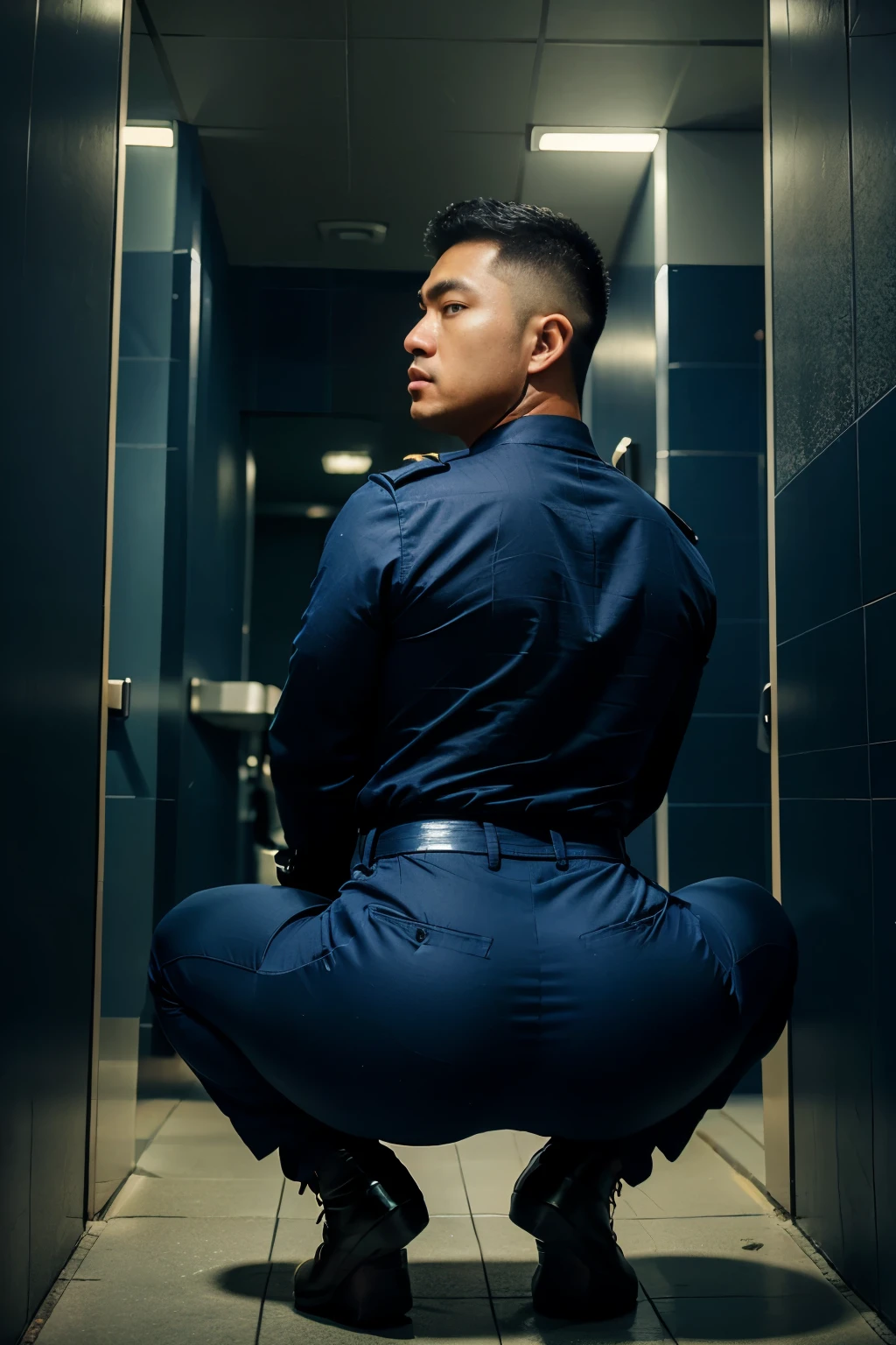 40-year-old boy ,Korean bulky male officer ,Wear navy blue police uniform shirt and police boots................ dark blue smooth tight trouser, pants split open with seams open, obvious underwear print ,((unrealistic super big tight butt wearing pants)), turn back to look at the camera, squatting on the ground, big thights, (Embossed Focus:1.2),On your knees........................., empty toilet cubicle at night, Best qualtiy , Wide lens from far ,deep depth of field ,Bokeh background