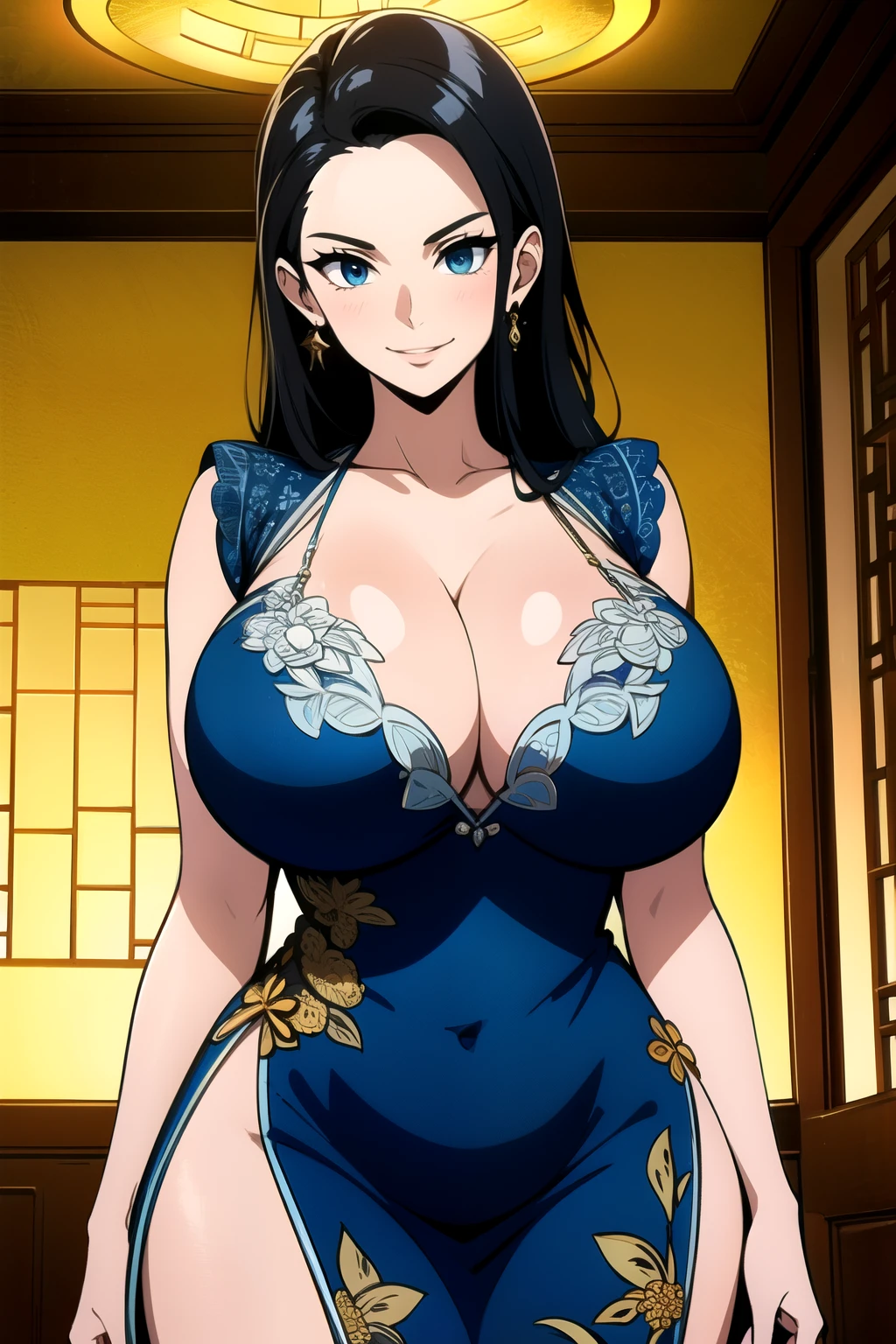 masterpiece, ((ultra detailed background, delicate pattern, intricate detail)), (highly detailed, fine details), best quality, beautiful lighting, (gigantic breasts)), NicoRobinV2, 1girl, black hair, long hair, solo, gigantic breasts, (smile), blue eyes, cleavage, closed mouth, hair slicked back, jewelry, collarbone, (chinese dress), (complex detailed background, inside, luxury palace), curvy, cowboy shot