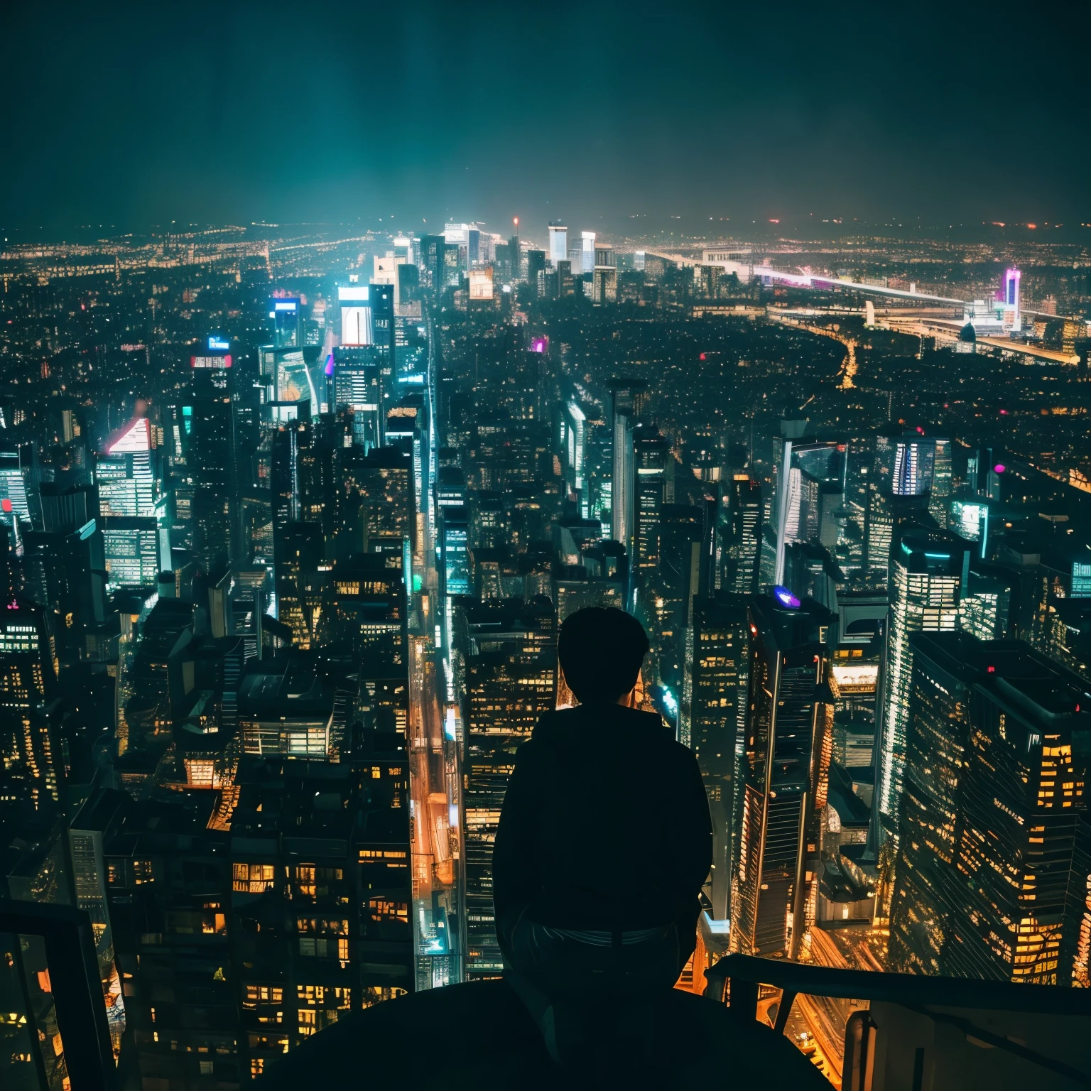 Looking down on the cyberpunk rainy cityscape from above