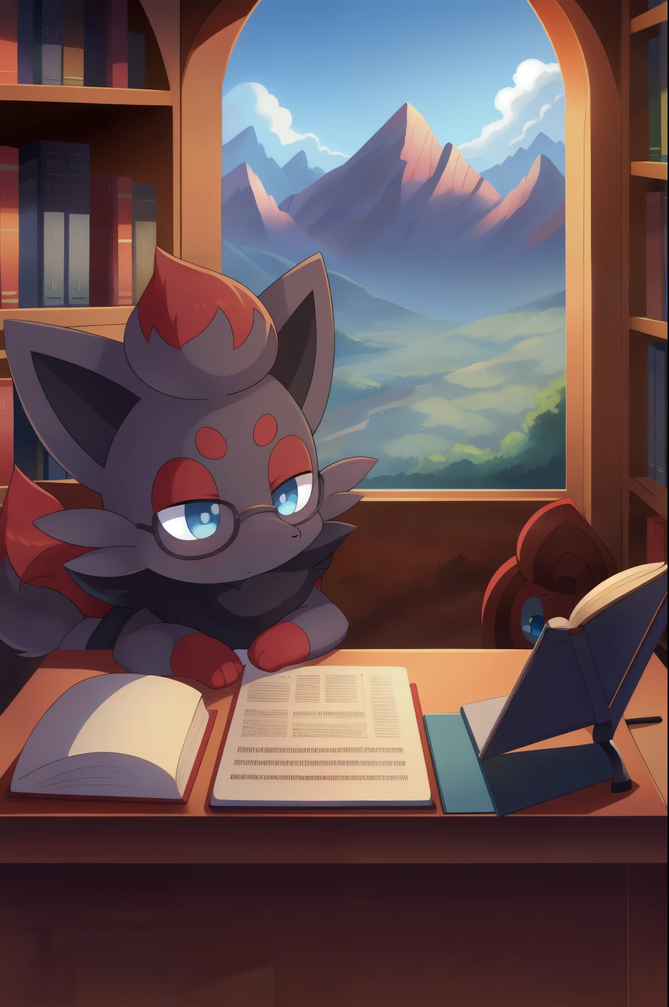 Zorua, blue eyes,nerd_rectangle_black_glasses red hair, masterpiece, high quality, anime style, full body, mountain,library,studying,studying mathematics, concentration face