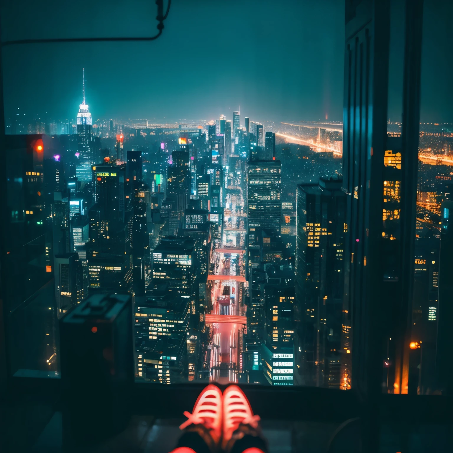 Looking down on the cyberpunk rainy cityscape from above