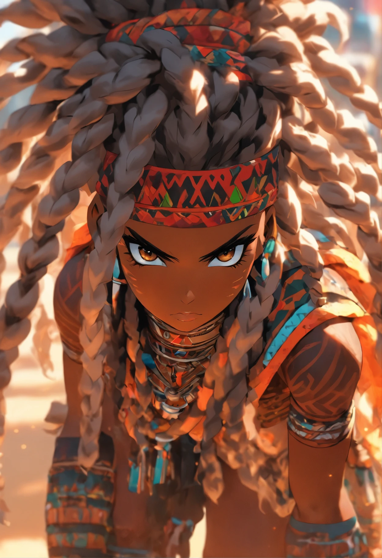 "(best quality,ultra-detailed),Ebony skin,Ebony skinned female:1.1,beautiful detailed eyes,beautiful detailed lips,white dreadlocks,thicc,tribal warrior outfit,not too strong looking,confident posture,exotic background,sharp focus,vivid colors" full body ZOOM OUT