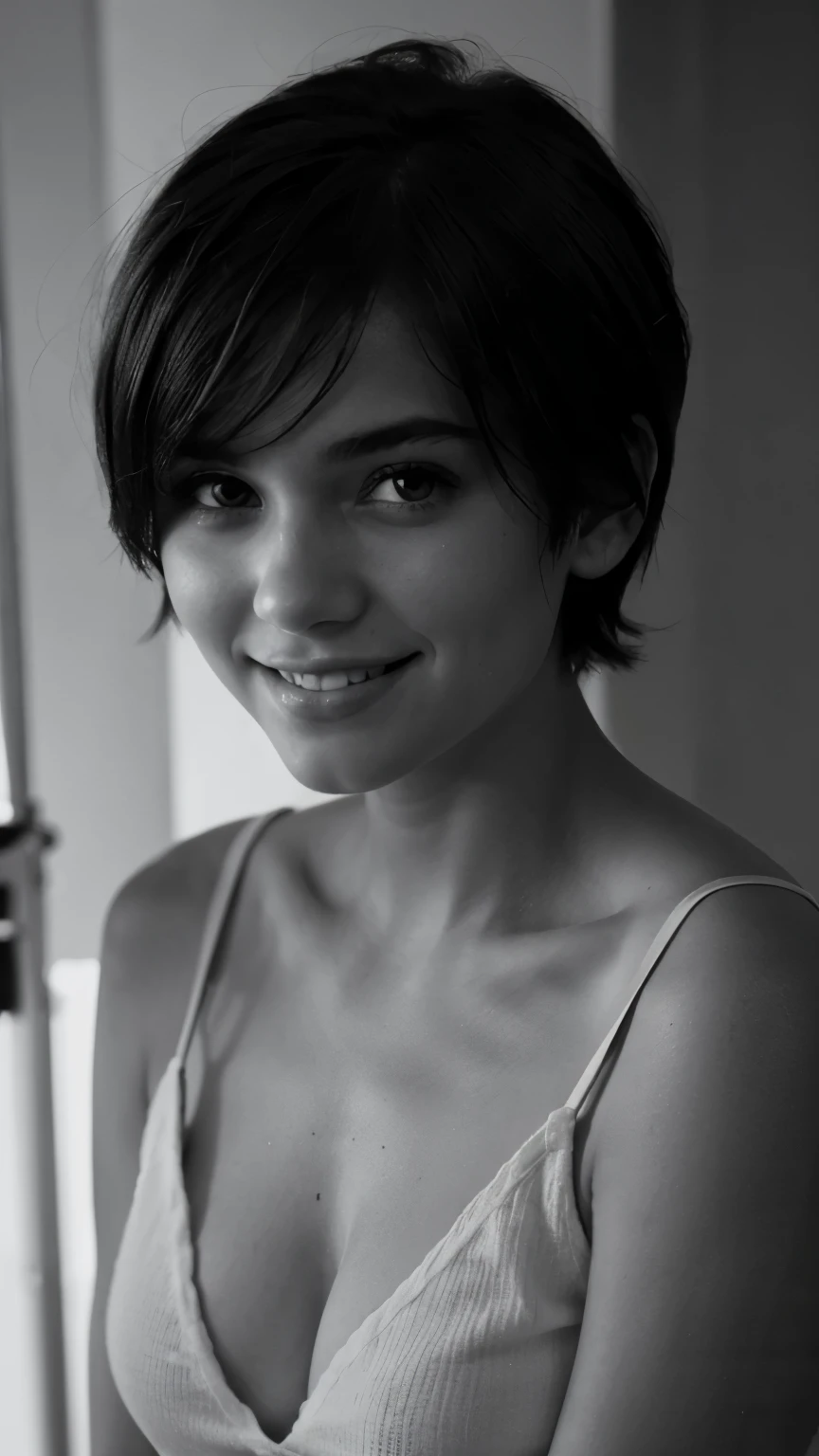 American Girl , Age 18 , beautiful face , photography , seductive smile , good lighting background , cool outfit , short hair , black and white style