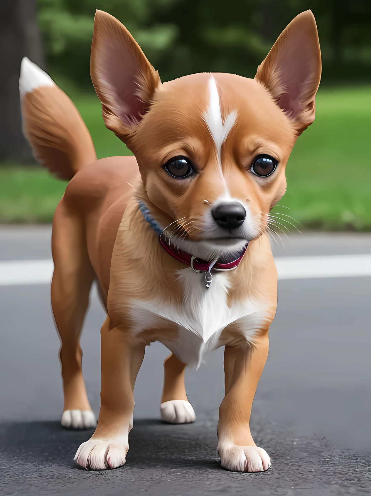 masterpiece, photo-realistic 8k: there is a puppy that is standing on the ground, long-Chihuahua fur, Chihuahua, puppy, Hiromi dog mix, Brown:-2, secular chrome, half dog, beta male, Peruvian style, A face that needs a fist, a beautiful, bright, Malika Favre, by Emma Andijewska, Emaciated males