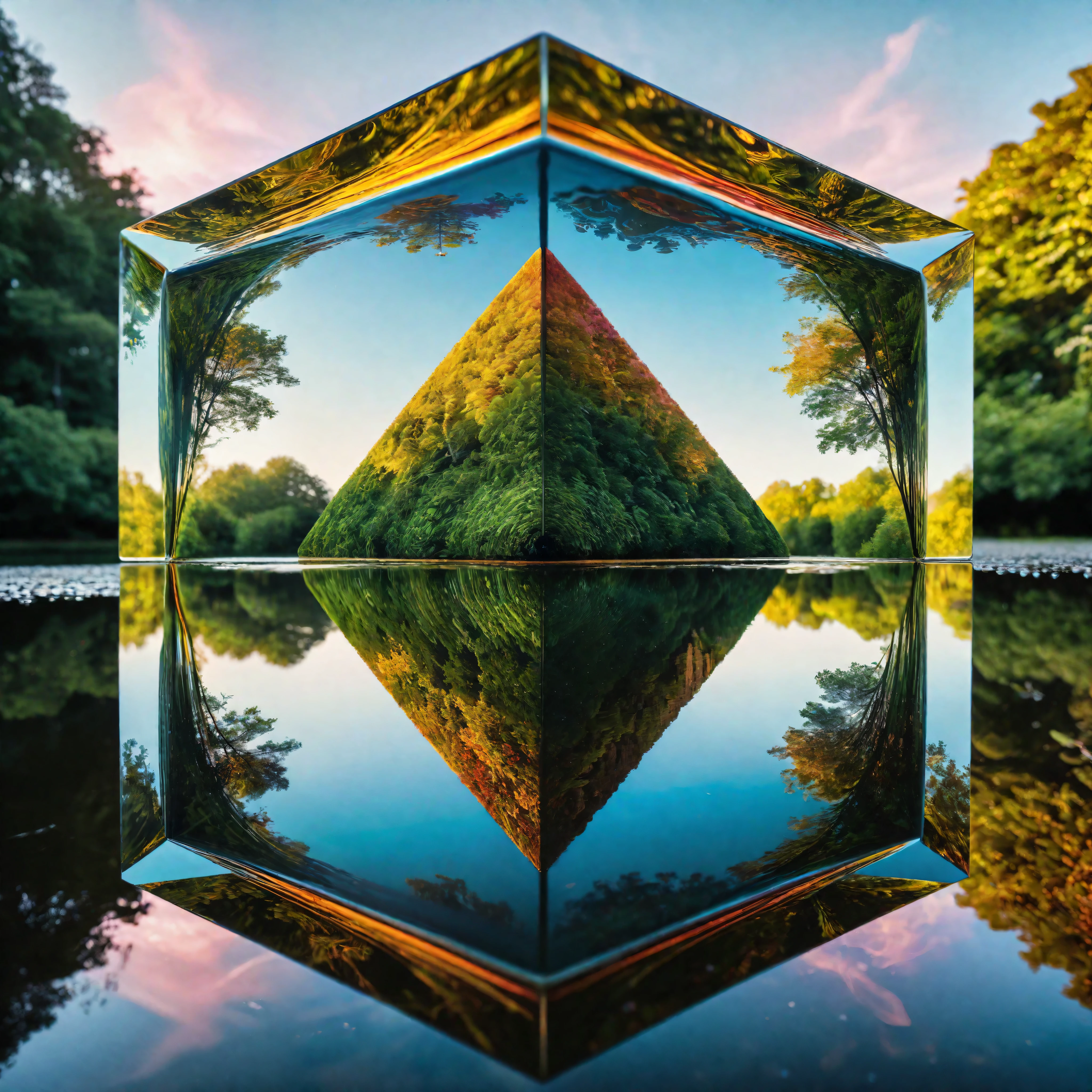 (best quality,4k,8k,highres,masterpiece:1.2),ultra-detailed,(realistic,photorealistic,photo-realistic:1.37),symmetry macro photography art,perfectly detailed reflections,symmetric cube,crystal clear pond,distorted reflections,sharp focus,shimmering water surface,meticulously captured details,vibrant colors,precise symmetry,mirror-like reflections,meticulously designed composition,divine precision,ethereal atmosphere,mind-bending symmetry,pure perfection,surreal beauty,luminous reflections,symmetrical masterpiece,spectacular precision,mesmerizing patterns,symmetrical harmony,flawless symmetry,mesmerizing artistry,visual symmetry feast,reflection perfection,intricate details,harmonious composition,awe-inspiring precision,masterfully captured reflections,vivid artistic details,impeccable symmetry,mind-blowing precision,perfectly balanced,mesmerizing optical illusion,meticulous craftsmanship