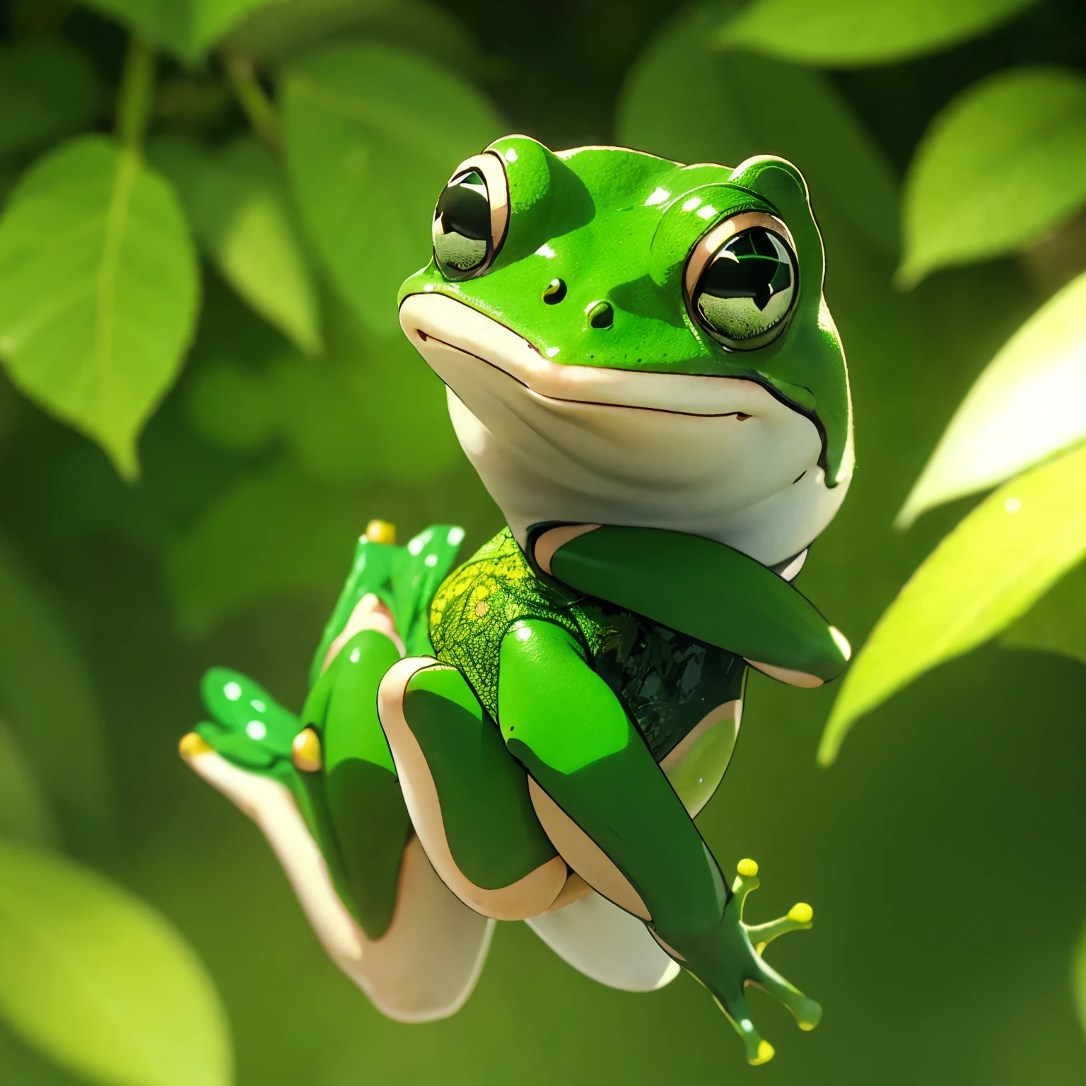 green frog jumping with green leaves and bokeh background