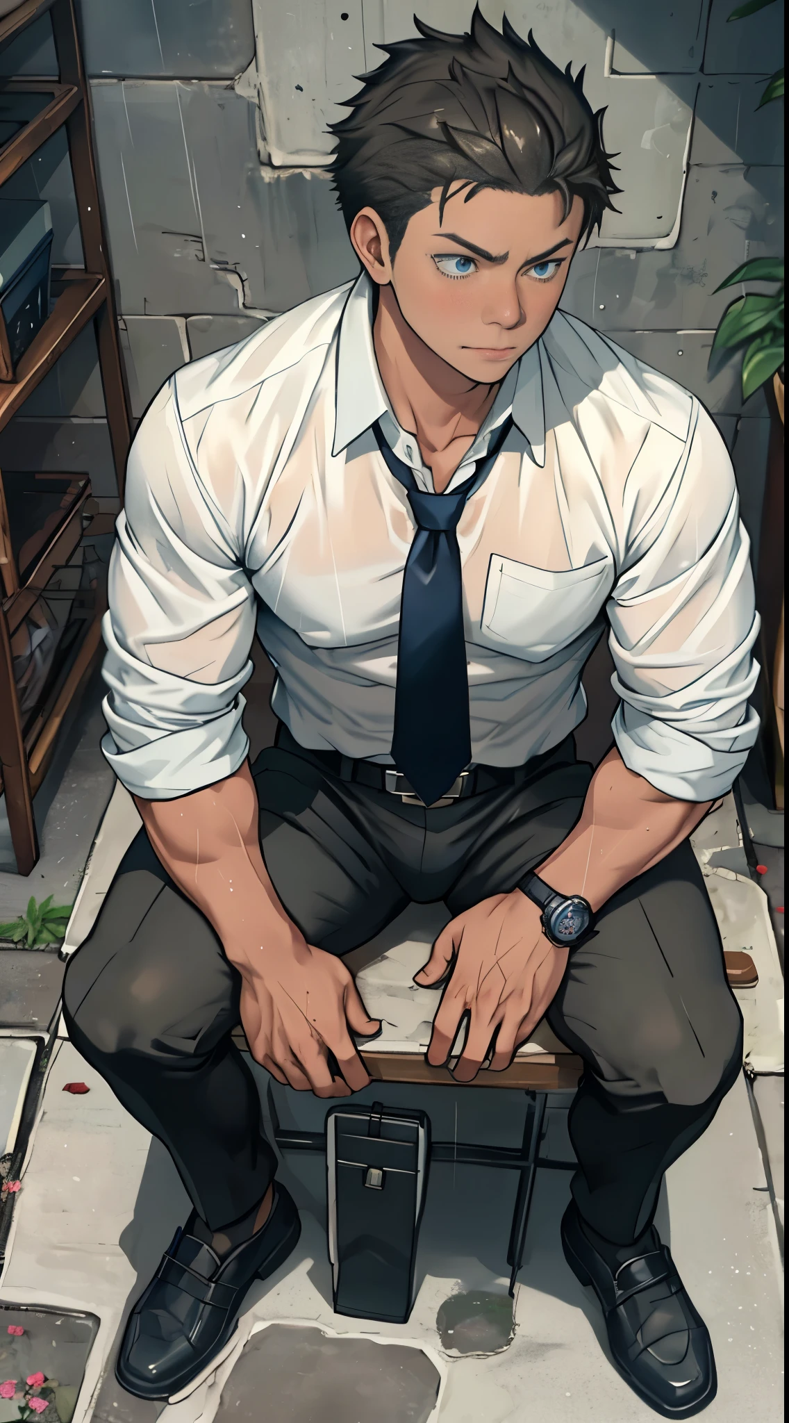 44-year-old middle-aged man masturbating with legs spread、 headphones、 Computer 、Short Hair、Normal body type、 Sitting on a Chair 、detailed expression、White shirt and tie、slacks、((Emphasis on the crotch))、The facial expression of orgasm、The background is a 44-year-old middle-aged man masturbating while sitting in a dark, small soundproof room 、Dark and spooky atmosphere、