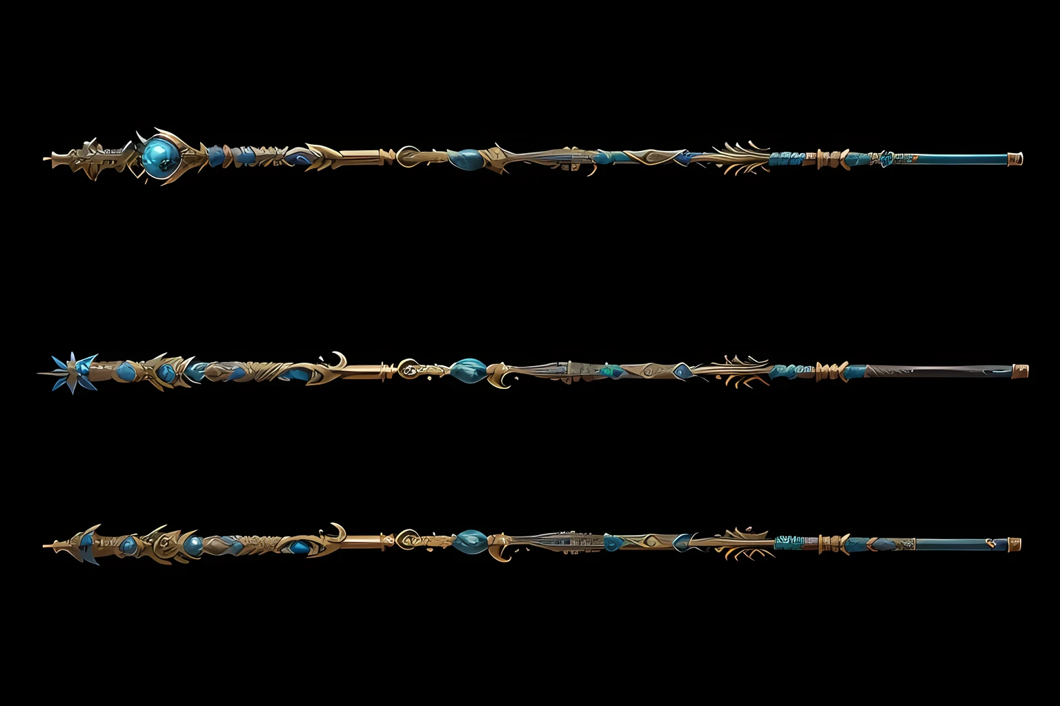 three different views of a blue and gold colored cane with a black background, intricate fantasy spear, glowing draconic staff, dragon staff, wizard magic staff, draconic staff, teal ethereal tendril wings, magic wooden staff, wands, sword and wand – water, warcraft blizzard weapon art, liana wrap two fantasy creatures, long detailed ornate scythe