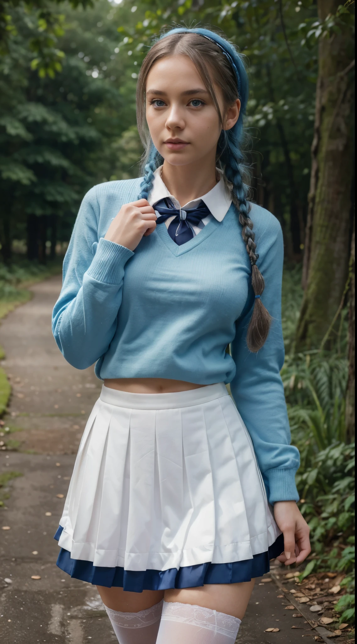 photorealistic, (4k), depth of field, (Masterpiece), (realistic skin texture), extremely detailed, intricate, hyper detailed, professional photography, bokeh, high resolution, sharp detail, best quality, girl, blue hair, single braid, blue eyes, school uniform, serafuku, white hairband, blue pleaded skirt, pantyhose, dynamic pose, (thoughtful pose), outdoors, forest, vegetation, vines, mossy path,