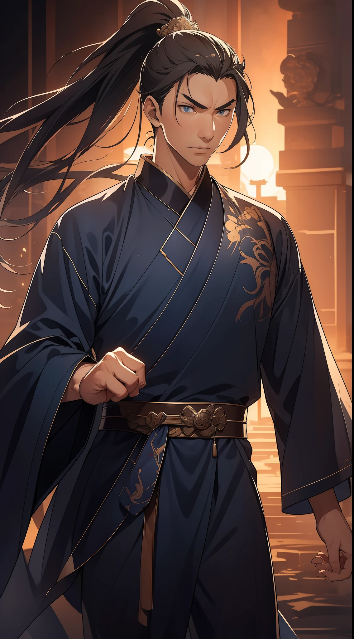 masterpiece, Excellent, daytime, 1 person, Chinese style, ancient China, Huating, eagle, turquoise brown hair, grey-blue eyes, split hair, long hair, long bangs, high ponytail, Handsome, Handsome, Serious, Moderate, High, quiet, dark clothes, gray blue clothes, Dark blue clothes, prince, sword, look down