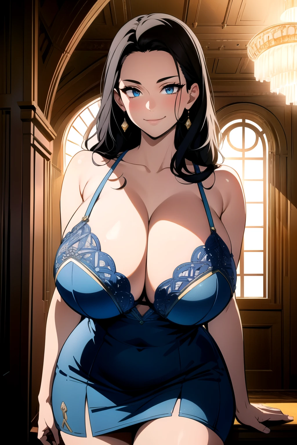 masterpiece, ((ultra detailed background, delicate pattern, intricate detail)), (highly detailed, fine details), best quality, beautiful lighting, (gigantic breasts)), NicoRobinV2, 1girl, black hair, long hair, solo, gigantic breasts, (smile), blue eyes, cleavage, closed mouth, hair slicked back, jewelry, collarbone, (short dress, bare shoulders, skin tight), (complex detailed background, inside, luxury palace), curvy, cowboy shot