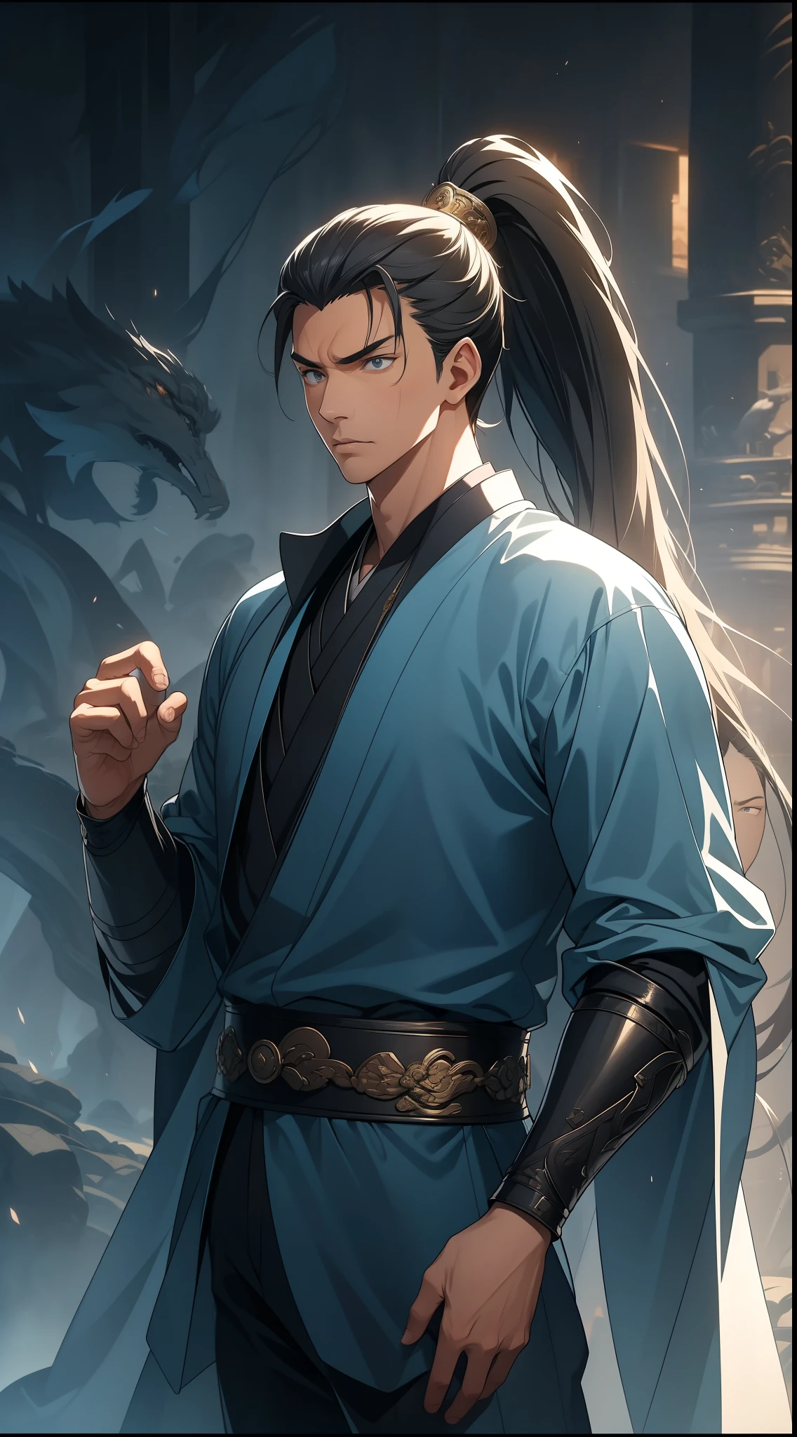 masterpiece, Excellent, daytime, 1 person, Chinese style, ancient China, Huating, eagle, turquoise brown hair, grey-blue eyes, split hair, long hair, long bangs, high ponytail, Handsome, Handsome, Serious, Moderate, High, quiet, dark clothes, gray blue clothes, Dark blue clothes, prince, sword, look down