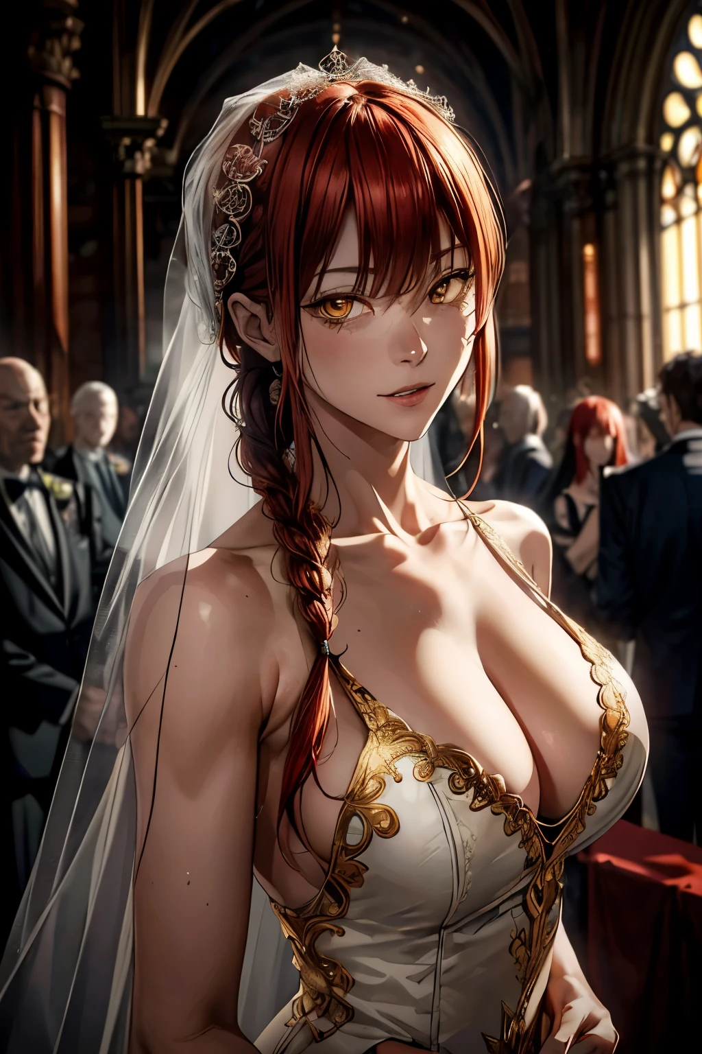 Makima \(chainsaw man\), (masterpiece:1.2), (best quality:1.2), perfect eyes (red hair)+(hairlong, Braided in one braid)+(Bangs), (Spiral golden eyes), cunning, villain, at wedding, husband's pov, classic wedding dress, Enigmatic smile, veil, cathedral, tense atmosphere, (((Image Macro Details))), Best Quality, Depth of field, 8K UHD, Film grain