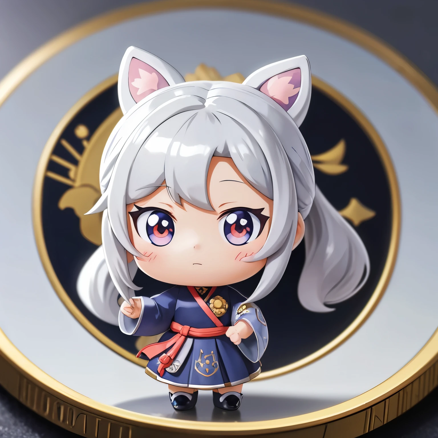 a silver coin with a hand-painted anime character on its front. The chibi girl's deformed features and playful expression make this coin a unique and captivating piece of art. The level of detail in this image will leave you in awe.