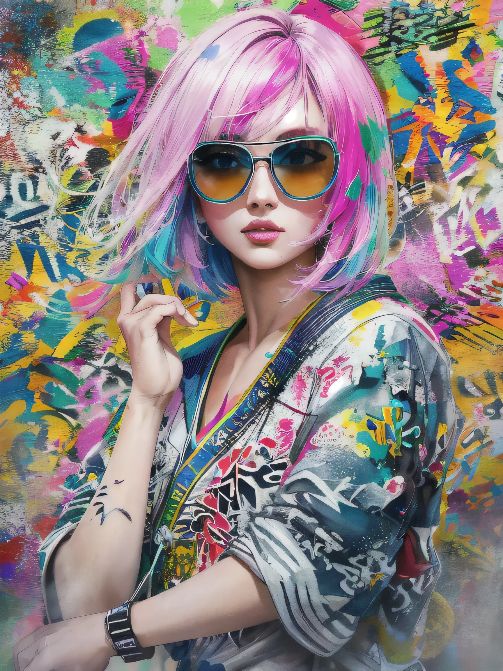 8K quality, watercolor painting, stylish design, (((The strongest beautiful girl of all time))), (((Japanese)))、Stylish sunglasses, (((highest quality))), bob hair, HDR, ((Detailed details)), skull fashion, detailed clothing texture, (((graffiti art))), colorful hair, ((masterpiece))、((Super detailed))、colorful flowers