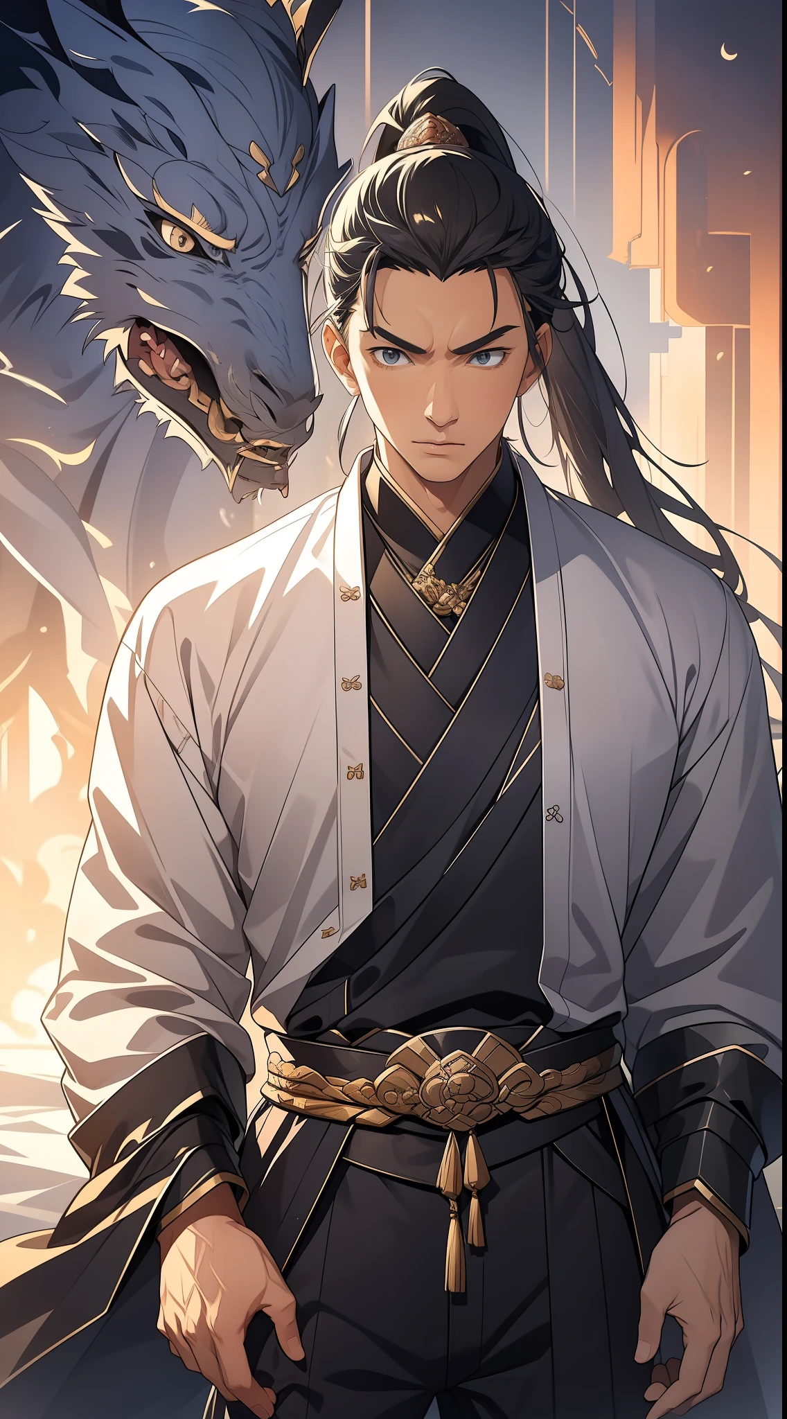 masterpiece, Excellent, daytime, 1 person, Chinese style, ancient China, Huating, eagle, turquoise brown hair, grey-blue eyes, split hair, long hair, long bangs, high ponytail, Handsome, Handsome, Serious, Moderate, High, quiet, dark clothes, gray blue clothes, Dark blue clothes, prince, sword, look down