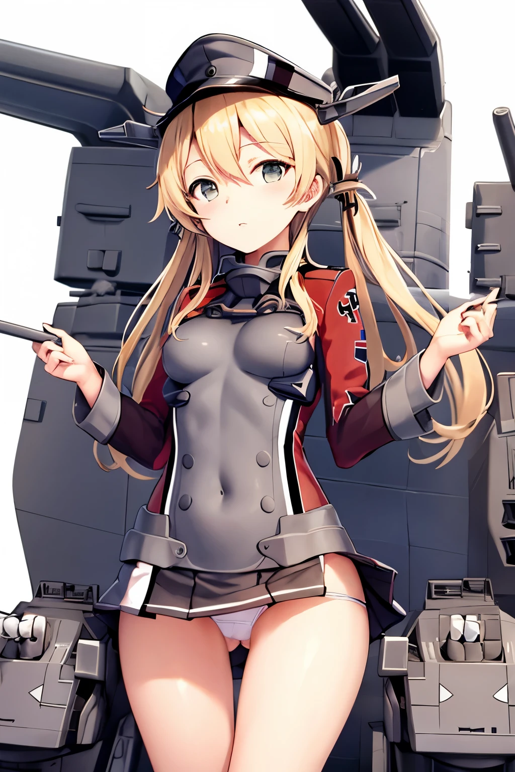 Prinz Eugen(kantai collection),blonde,super mini skirt,fascinating thighs,Panty shot,white panties,white background,studio photography