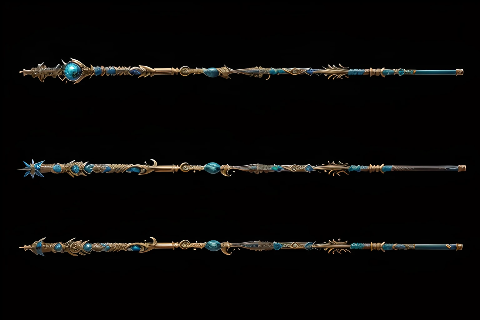 three different views of a blue and gold colored cane with a black background, intricate fantasy spear, glowing draconic staff, dragon staff, wizard magic staff, draconic staff, teal ethereal tendril wings, magic wooden staff, wands, sword and wand – water, warcraft blizzard weapon art, liana wrap two fantasy creatures, long detailed ornate scythe